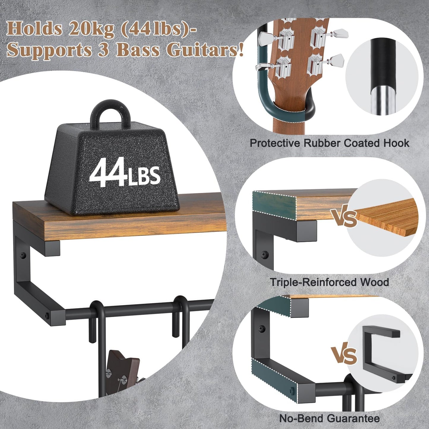 Guitar Wall Mount Hangers Holds 3 Guitars with Rustic Shelf, 3-Detachable Guitar Stand Hooks Universal Fit for Acoustic, Electric, Bass & Ukulele