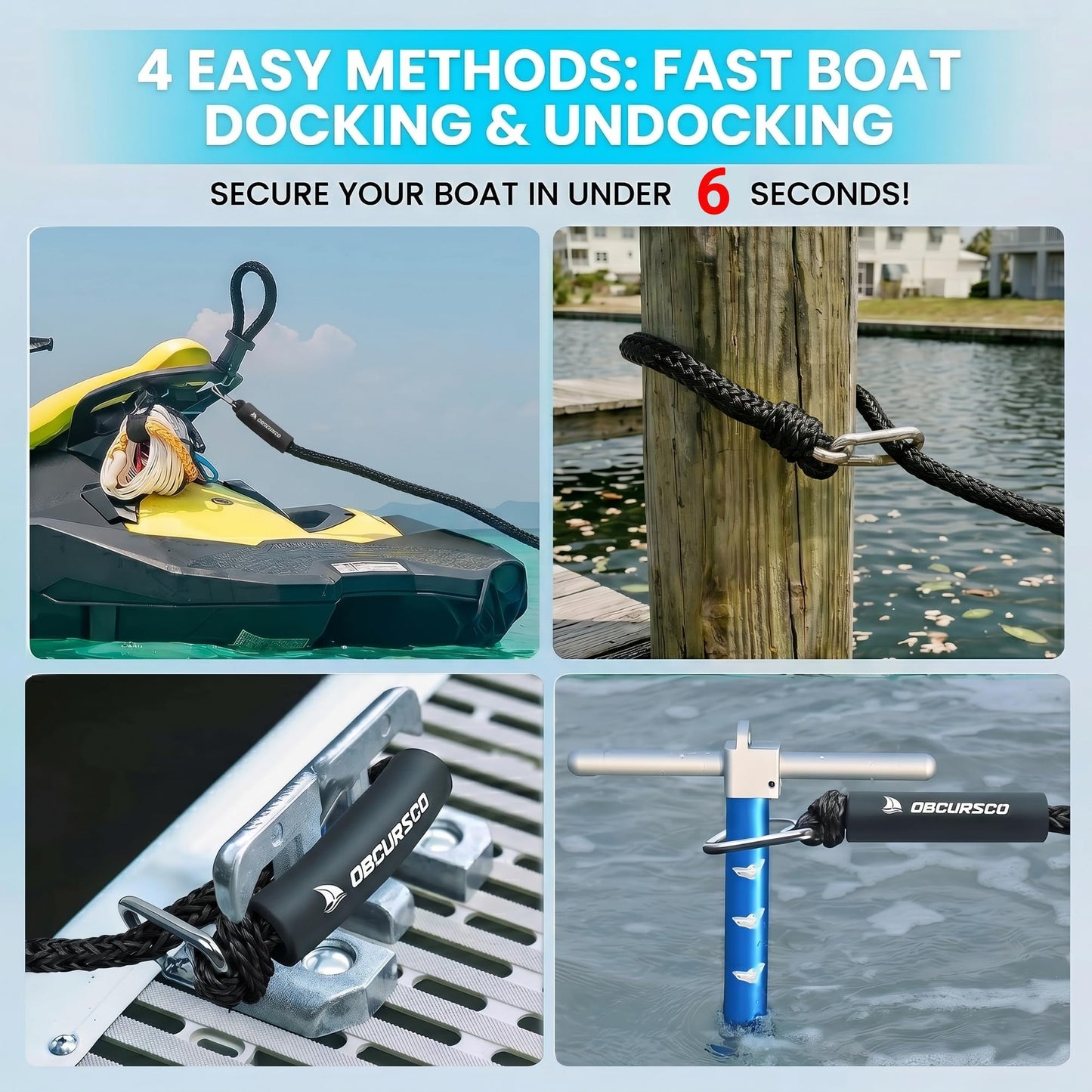 Obcursco Bungee Dock Line, Jet Ski Dock Line with Double 316 Stainless Steel Clips, Boat Snubber Docking Rope for PWC, Boat Accessories for Yamaha Waverunner, Seadoo, Kayak, 2 Pack (Black, 4ft)