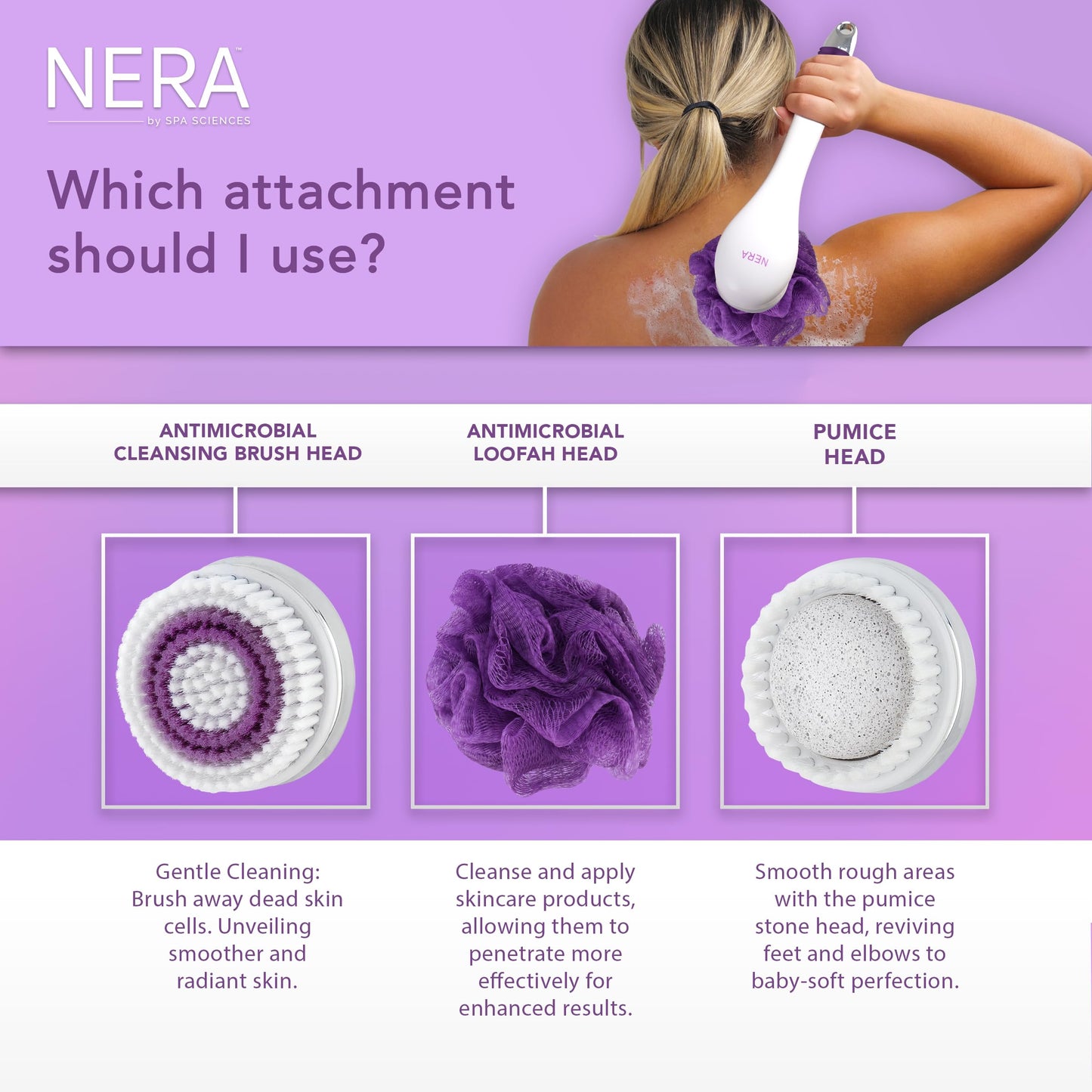 Spa Sciences - NERA Powered Shower Brush - 3-in-1 Multifunction Back & Body Brush - Exfoliation, Cleansing, Massaging - For All Skin Types - Includes Body Brush, Loofah, & Pumice Stone - USB Charging