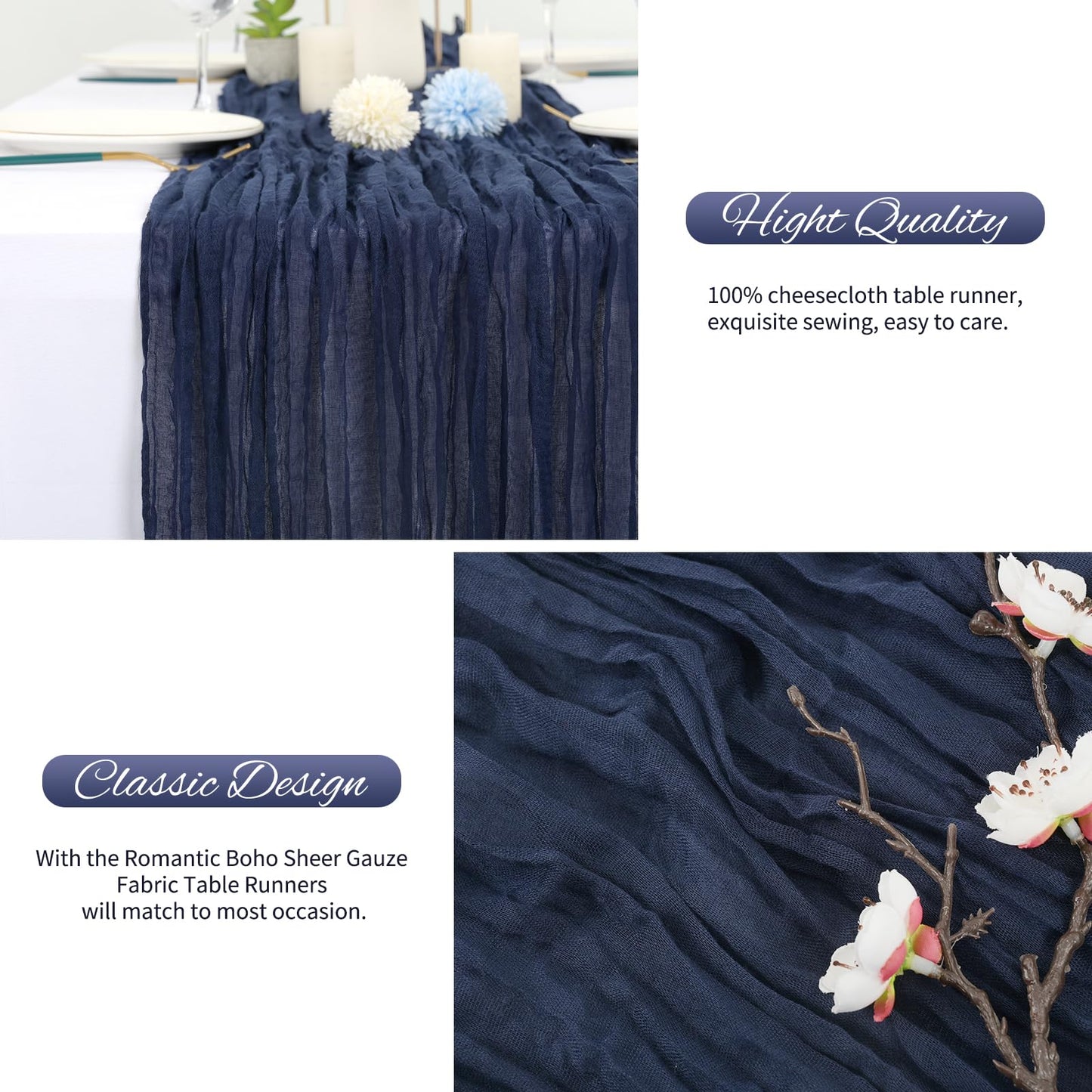 20 Pack Navy Blue Cheesecloth Table Runner 120 Inch 10FT Rustic Boho Gauze Cheese Cloth Table Runner for Wedding Party Baby Shower Thanksgiving Christmas Decoration