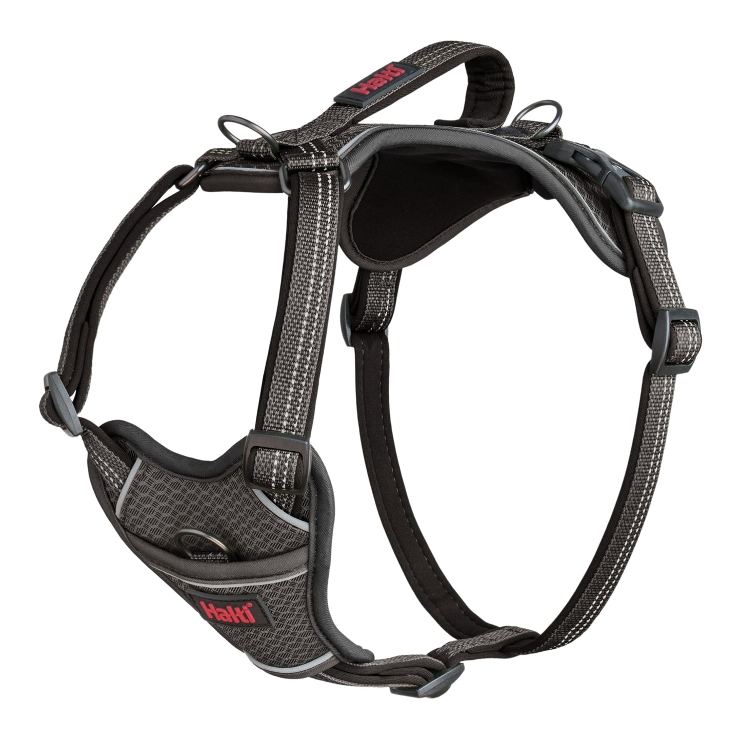 HALTI Anatomy Dog Harness with Handle - Provides Your Dog Freedom of Movement for Comfortable Walking. 3 Leash Attachment Points, Neoprene Padded, Adjustable, and Reflective (Size Large, Grey)