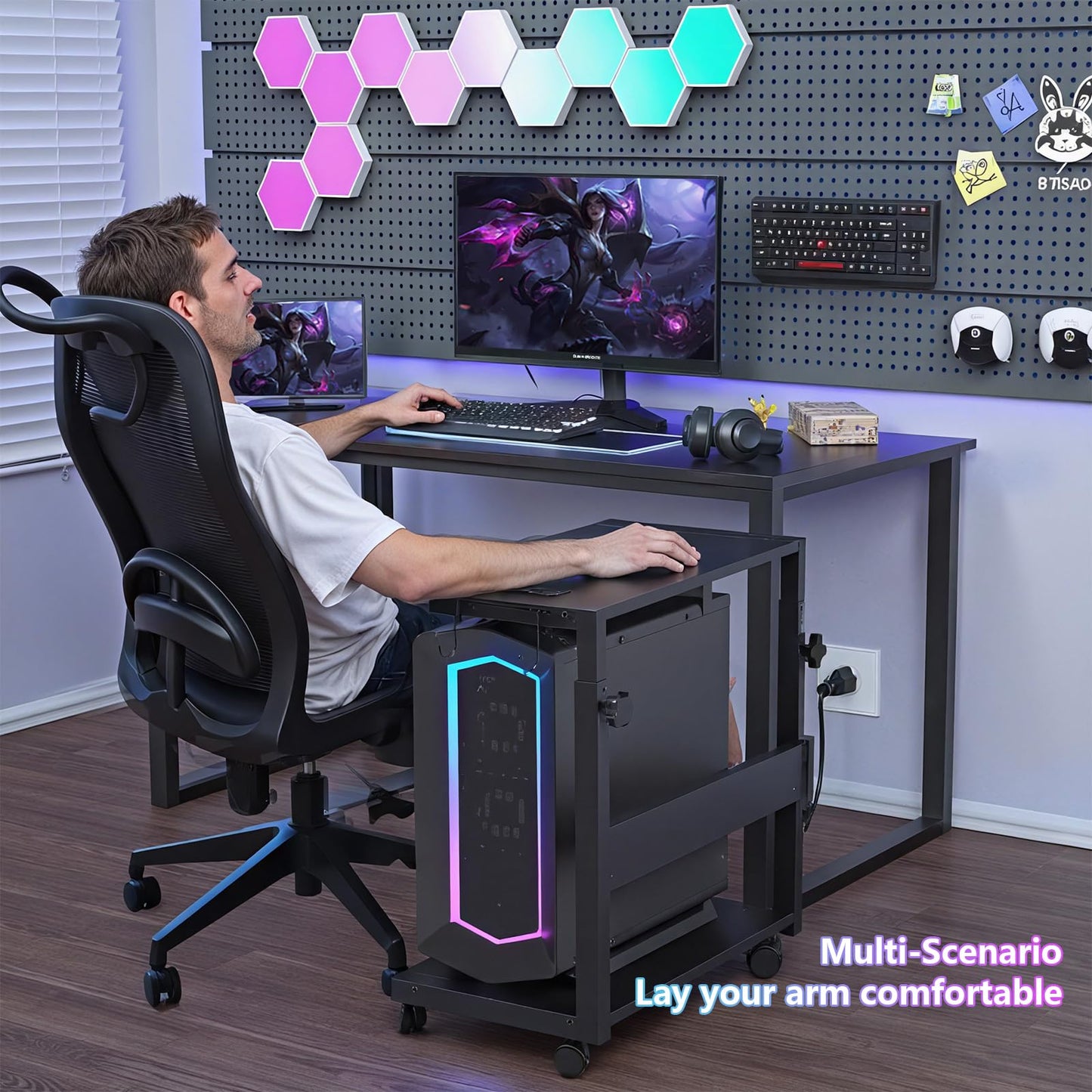 Computer Tower Stand with LED Light Strip, Mobile Rolling CPU Holder, Height Adjustable PC Tower Stand with Charging Station for Office Home (Black)