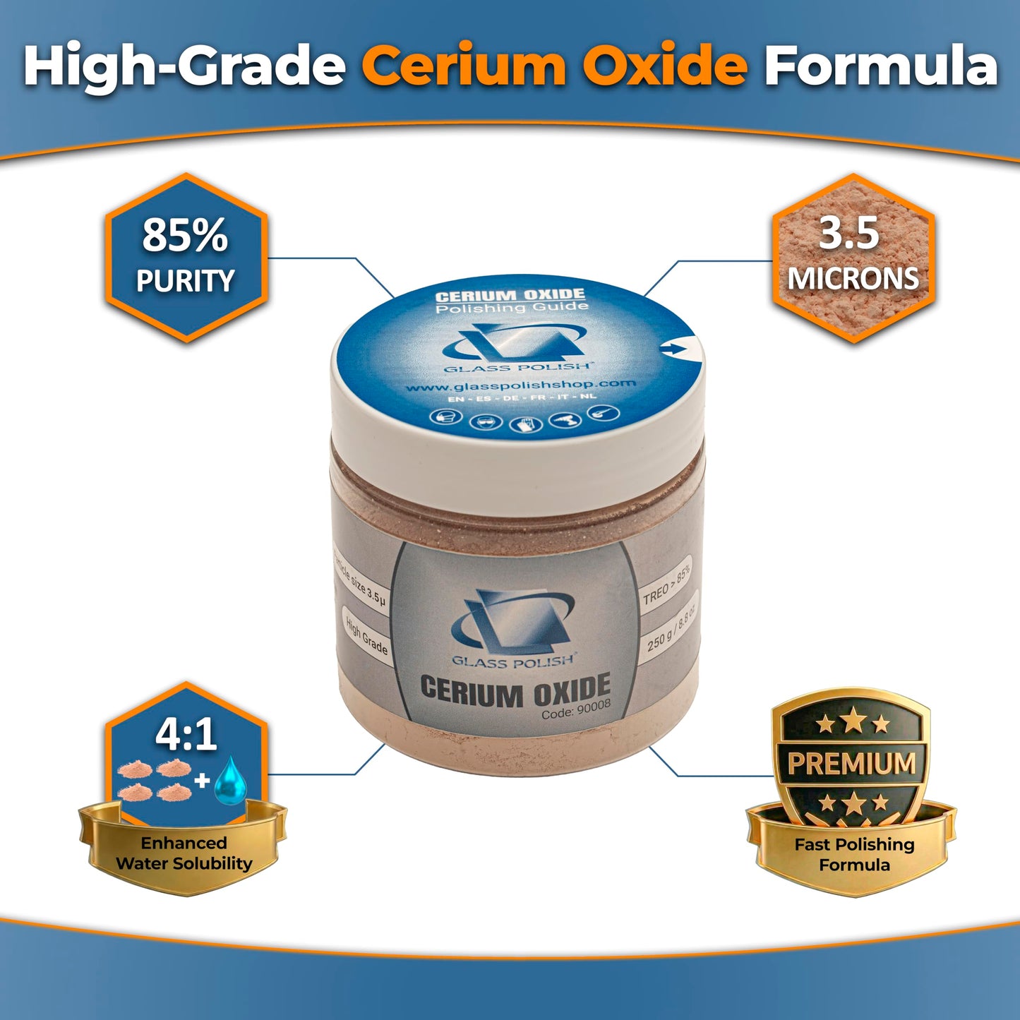 GLASS POLISH PRO Cerium Oxide Glass Polishing Powder – 250g (8.8oz) High-Grade 85% Pure Suspension-Treated Formula, 3.5 Micron for Glass Scratch Removal, Windshield Polishing and Restoration