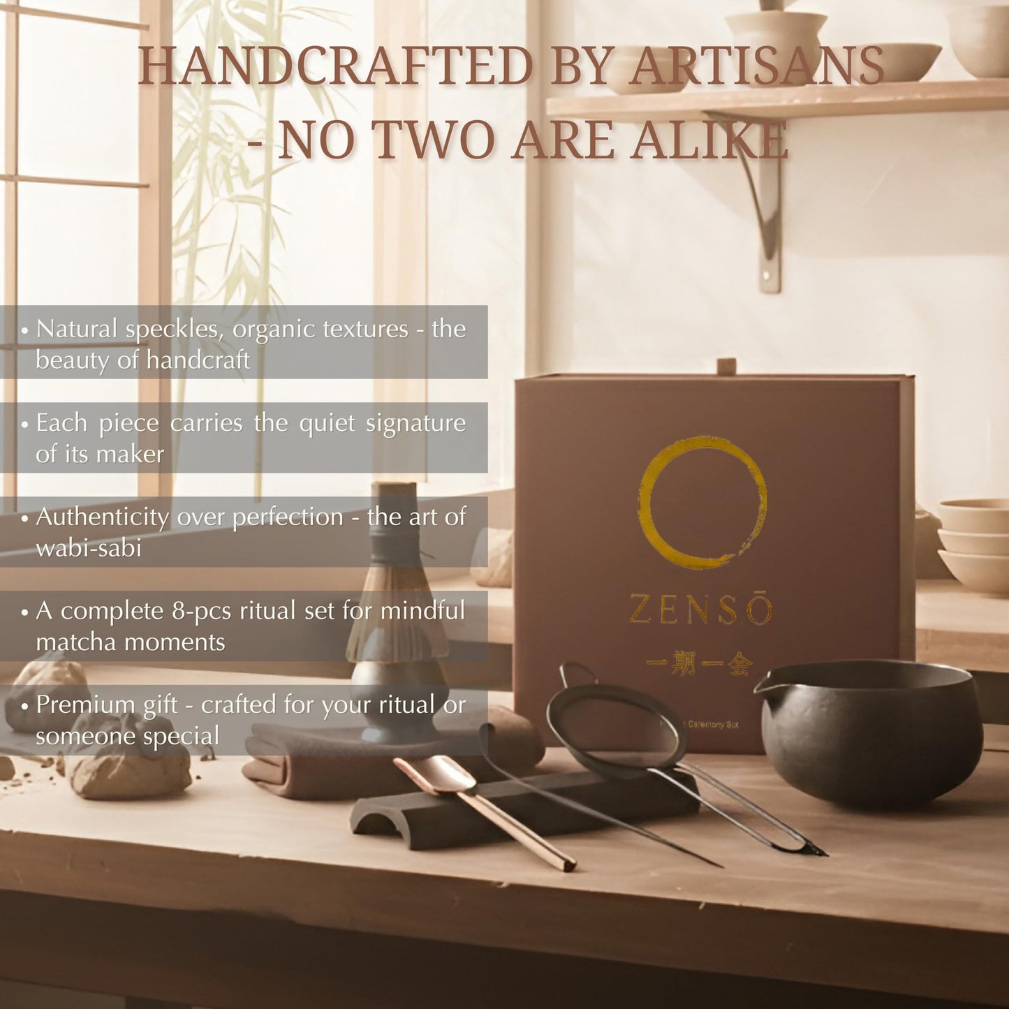 ZENSO Premium Matcha Whisk Set – 8 Piece Japanese Matcha Tea Ceremony Kit | Matcha Bowl, Purple Bamboo Whisk, Whisk Holder, Sifter, Scoop & Scoop Holder, Cloth, Spoon - Dark Gray