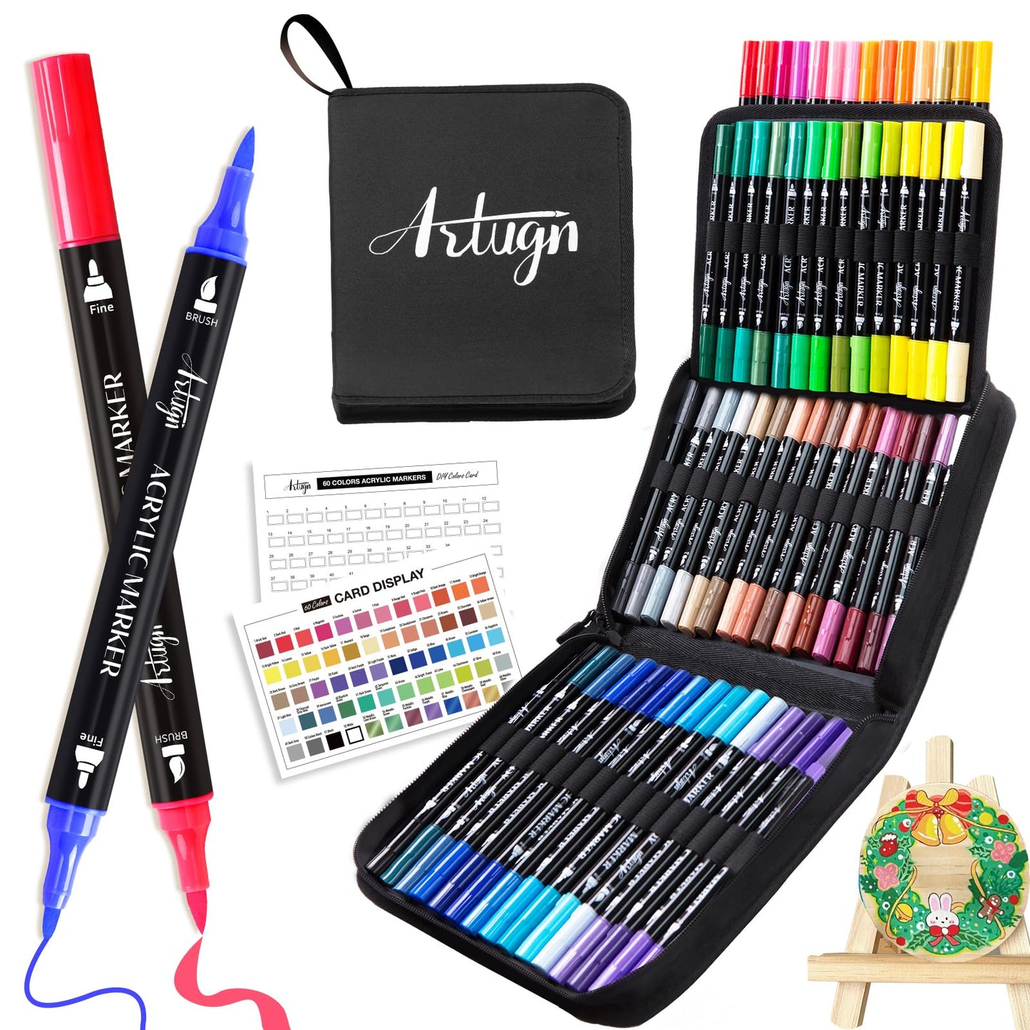 60 Colors Acrylic Paint Pens, Dual Tip Pens With Fine Tip and Brush Tip for Rock Painting, Ceramic, Wood, Plastic, Calligraphy, Scrapbooking, Brush Lettering, Card Making, DIY Crafts