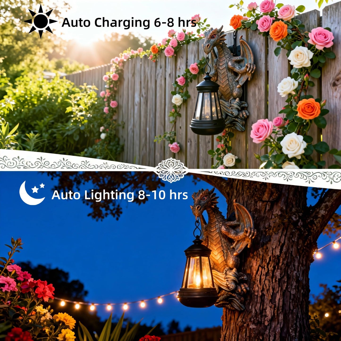 Dragon Statue Garden Decor with Solar Light - 10.43 Inch Outdoor Garden Statues for Balcony Yard Art Lawn Ornaments, Gardening Gifts for Women Mom Grandma