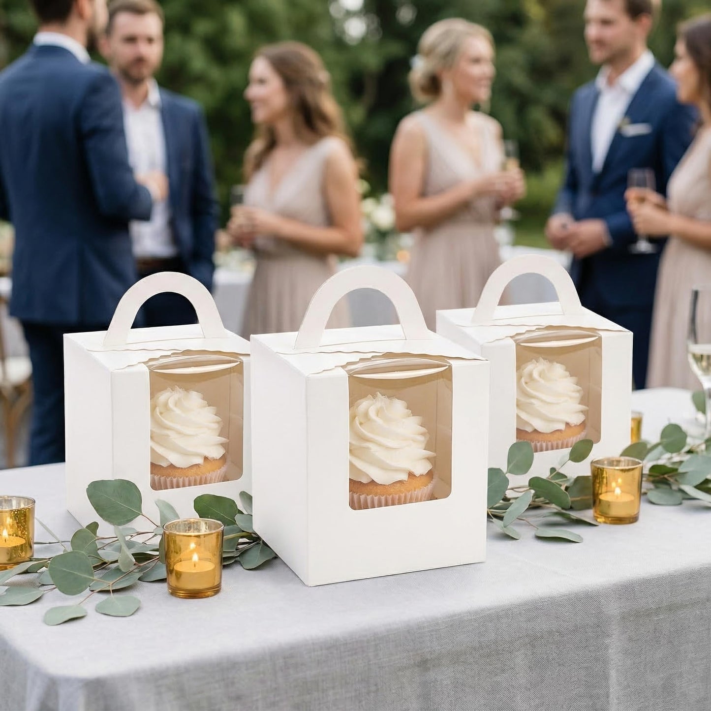Jucoan 100 Pack White Single Cupcake Boxes, Kraft Paper Individual Cupcake Container with Window Insert Handle, Portable Bakery Containers for Small Cake, Muffins, Birthday Wedding Baby Shower Party