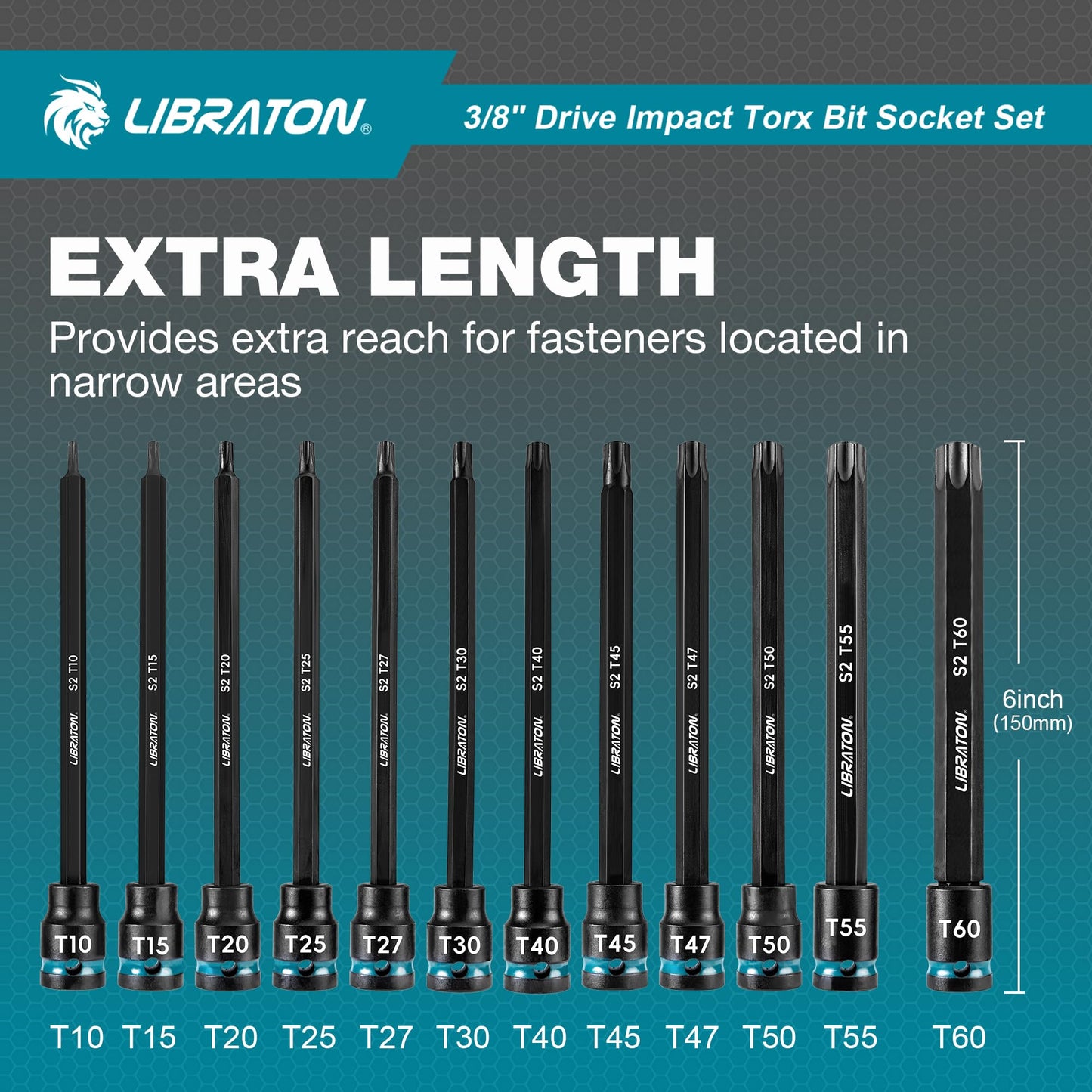 LIBRATON 3/8" Drive Impact Torx Bit Socket Set, Extra Long Torx Socket, S2 Alloy Steel Star Bit Sockets, 24PCS Torx Bit Set, Impact Torx Bit Set, T10-T60, 2in&6in Long Torx Bit Set, Blow Molded Box