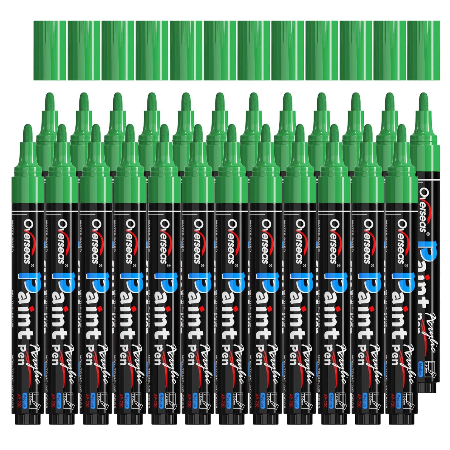 Overseas Green Acrylic Paint Markers Pens Set - 24 Pack Acrylic Permanent Markers, Water-Based, Quick Drying, Waterproof, Medium Tip Paint Pens for Rock, Wood, Plastic, Metal, Canvas, Glass, Fabric