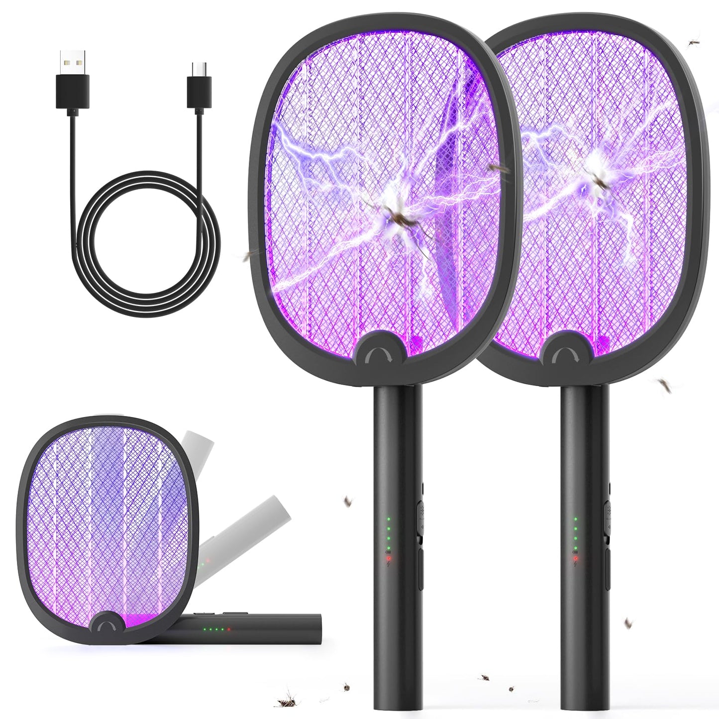 YISSVIC Fly Swatter Electric Bug Zapper Racket 4000 Volt Rechargeable Fly Zapper Indoor Outdoor Dual Modes with Attractant Light (Black 2 Pack)