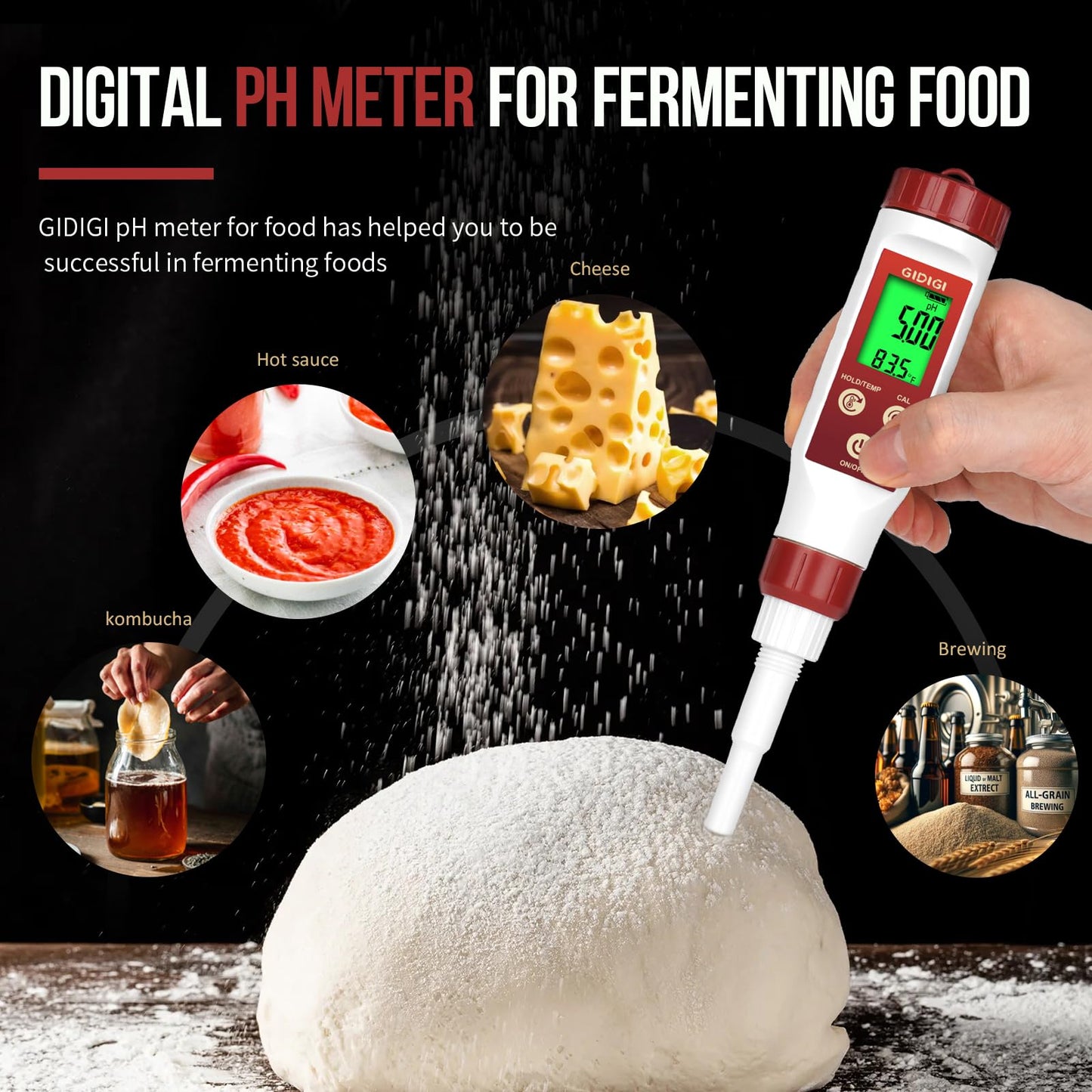 GIDIGI pH Meter for Food, Digital pH Meter for Fermentation, Hot Sauce, Canning, Spear Tip pH Pen Probe for Cheese, Cooking, Sourdough Bread, Saliva, Water Resistant Food pH Tester for Semi-Solid
