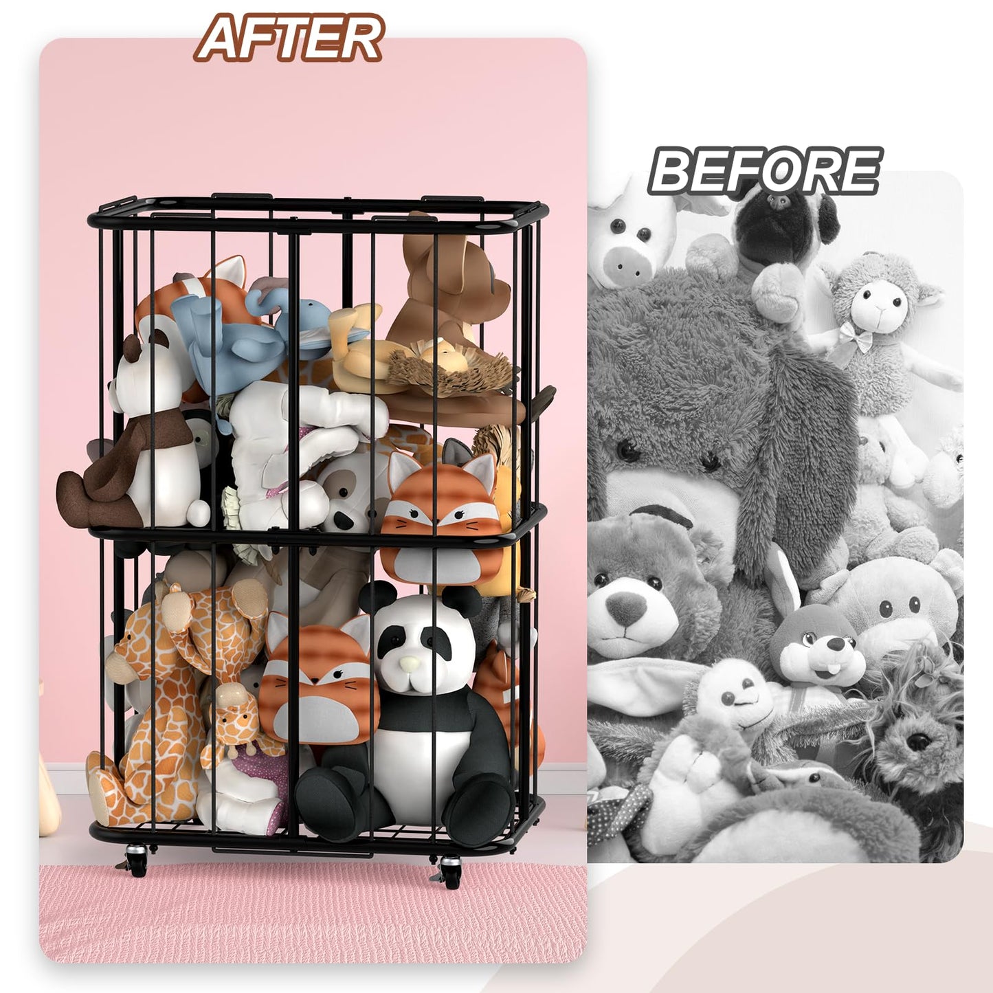 Stuffed Animal Storage - Toy Storage Organizer with Wheels,Stuffed Animal Zoo Storage Cage for Nursery Playroom Bedroom Toy Organizer,Black