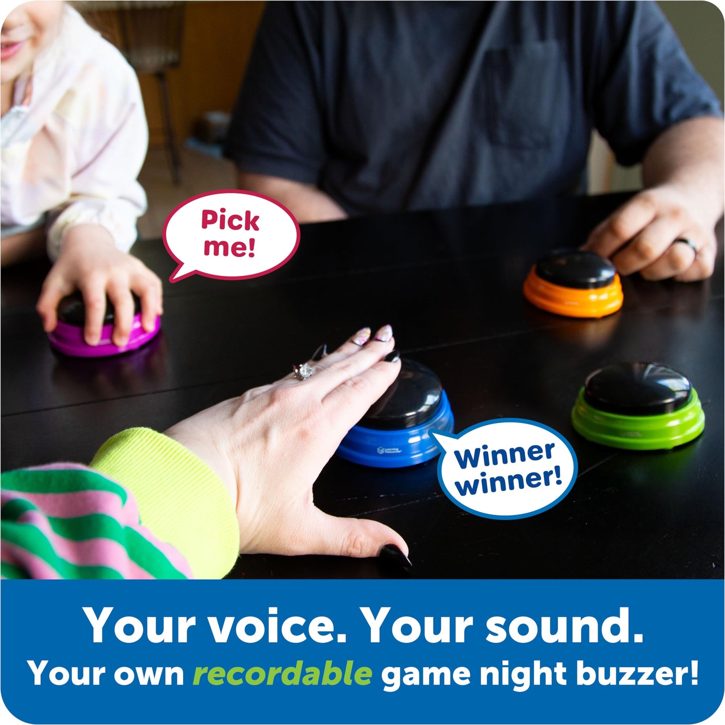 Learning-Resources-Recordable-Answer-Buzzers Set-of-4,-Ages-3+-|-Pre-K-Personalized-Sound-Buzzer,-Recordable-Buttons,-Game-Show-Buzzers,-Perfect-for-Family-Game-and-Trivia-Nights,-Dog-Buttons-for-Communications