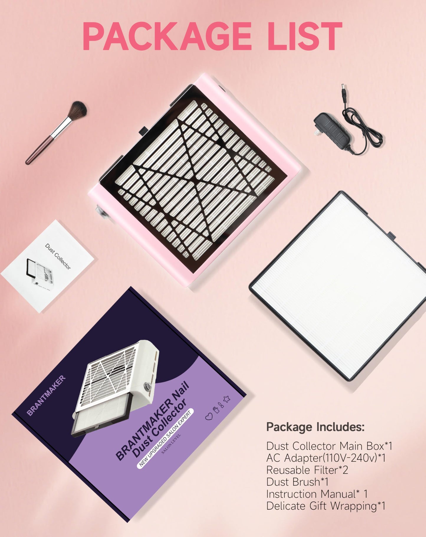 BRANTMAKER Nail Dust Collector with Brush and 2 Reusable Filters, 60W Vacuum Dust Fan for Acrylic Nails (Pink)