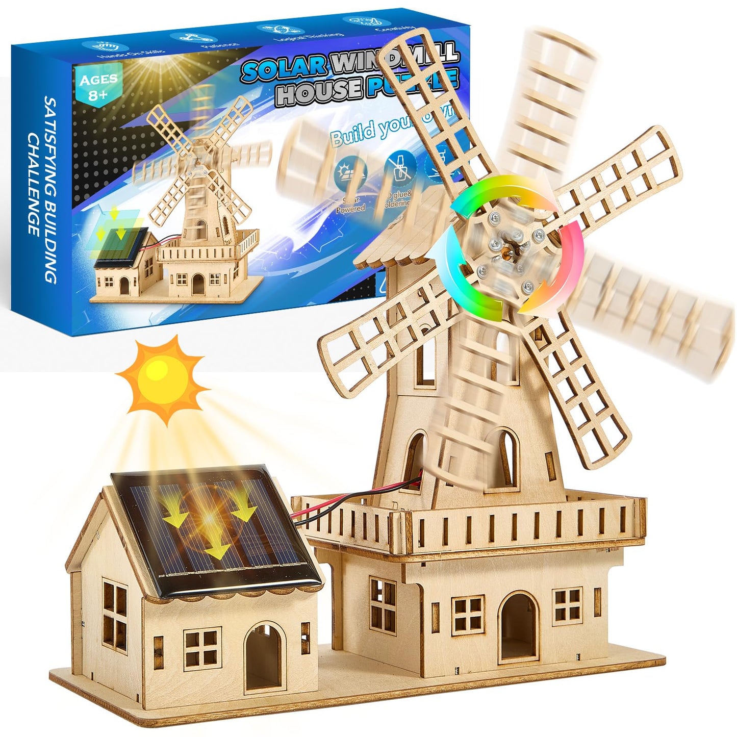 STEM Solar-Powered 3D Wooden Puzzle Kit - DIY Dutch Windmill House Building Toy | Educational Science Craft for Kids 8-15 & Adults | Hands-On Creative Model Project