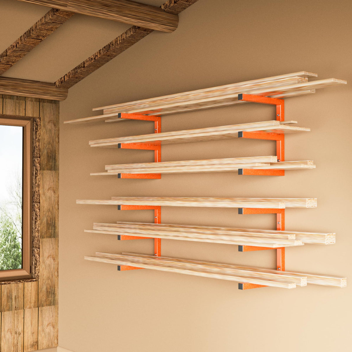 YYR Wood Organizer and Lumber Storage Rack Wall Mount, Heavy Duty Metal Shelf with 6-Level Max 1200 lbs, Indoor & Outdoor Use - Orange