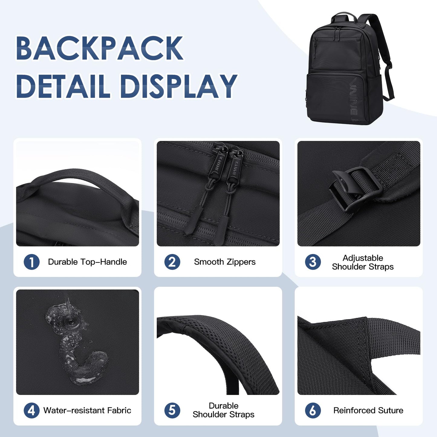 VNINE Laptop Backpack for Women Men 15.6 Inch Computer Work Bag Travel Backpacks Black Casual Backpack for Travel Business College Daypack