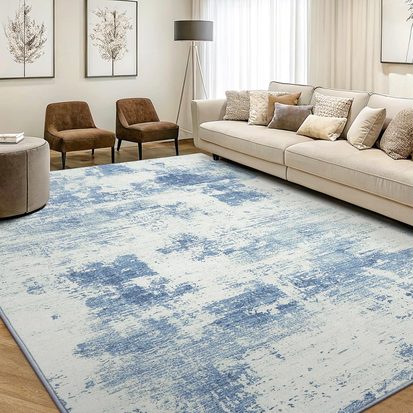OLANLY Modern Abstract Area Rugs for Living Room, 6x9 Non Slip Machine Washable Rug, Lightweight Low Pile Floor Carpet for Bedroom, Dining Room, Nursery, Home Office, Entryway Rugs, Ivory Blue