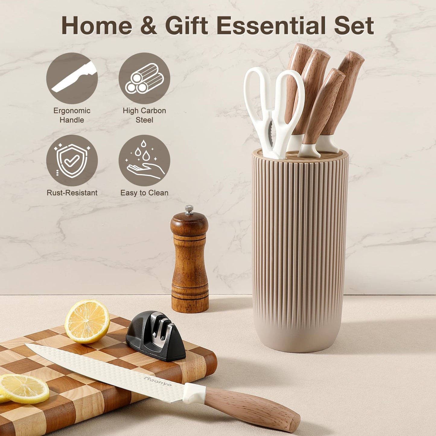 Naanyo 8-Piece Kitchen Knife Set with Sharpener, Universal Knife Block, Stainless Steel Blades, Ergonomic Design, Rust-Resistant, Home & Gift Essentials Chef Knives