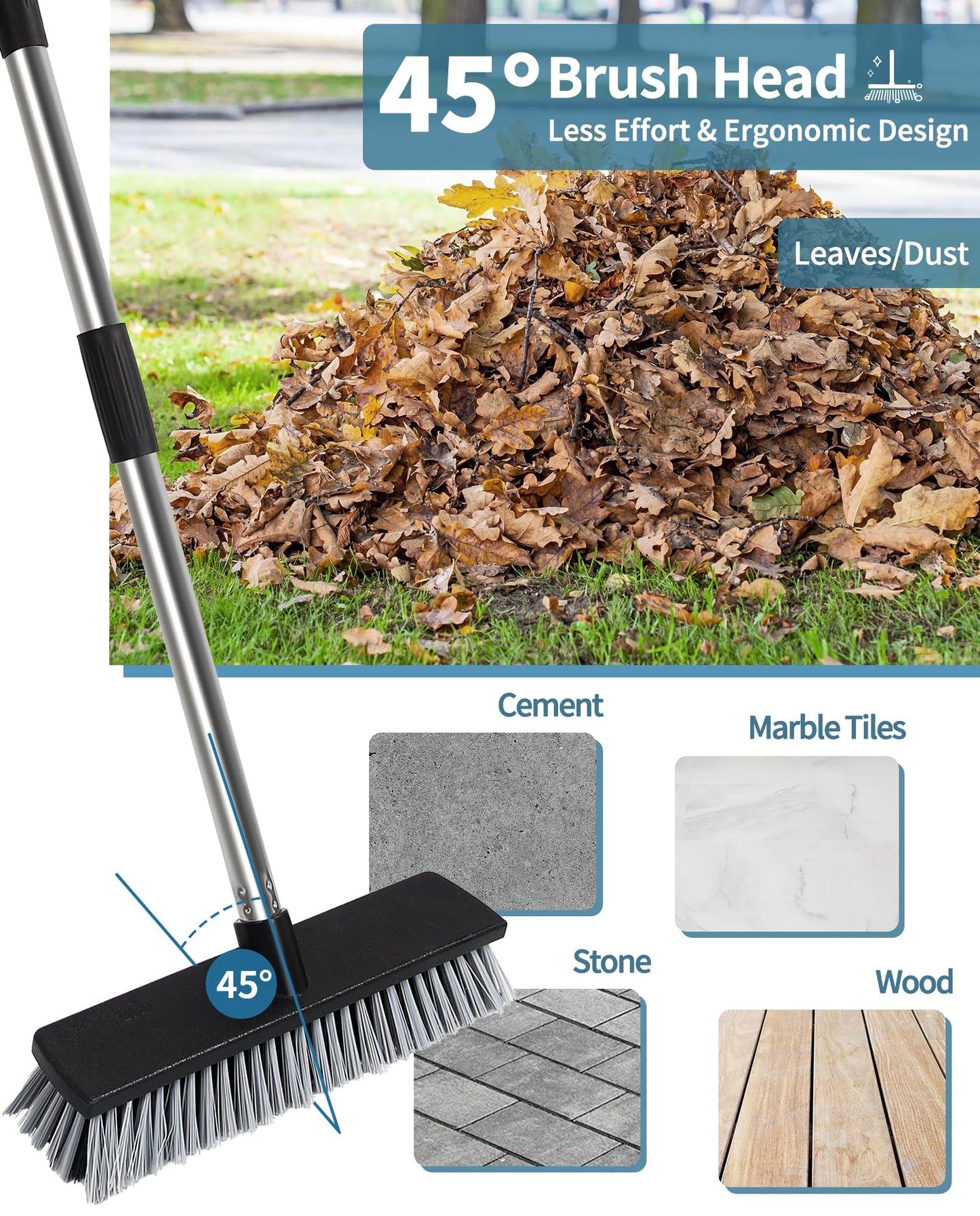 LandHope Hard Bristle Deck Broom Adjustable Long Handle Scrub Brush Heavy Duty Concrete Push Broom Outdoor Brush Garage Broom Wood Large Floor Scrubber 28-52 inch Balcony Broom -Multi Segment Handle