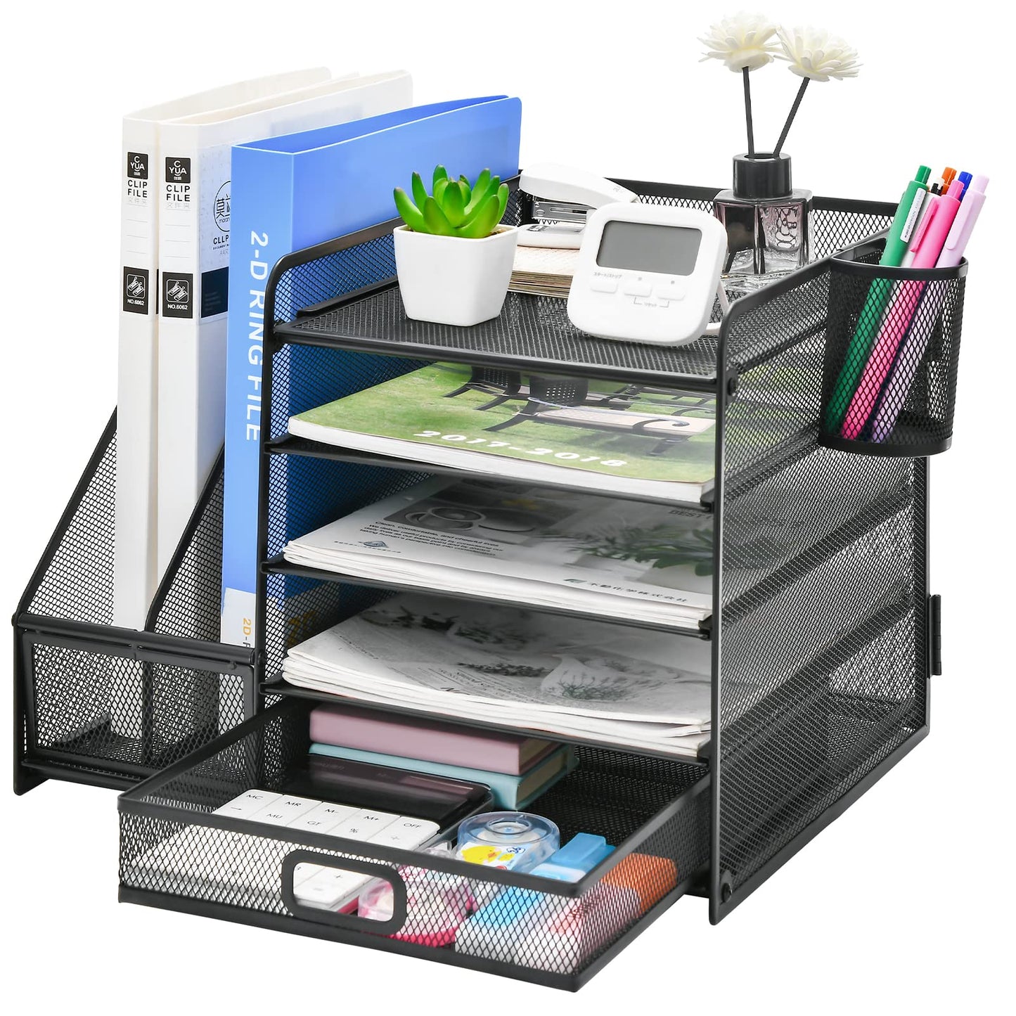 Marbrasse Desk Organizer with File Holder, 5 Tier Paper Letter Tray with Drawer and 2 Pen Holders, Document Organizer with Magazine Holder for School, Home, Office Supplies (Black)