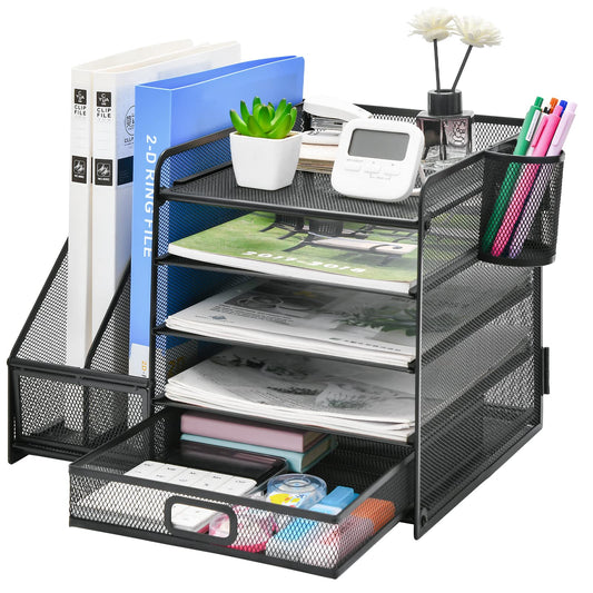 Marbrasse Desk Organizer with File Holder, 5 Tier Paper Letter Tray with Drawer and 2 Pen Holders, Document Organizer with Magazine Holder for School, Home, Office Supplies (Black)