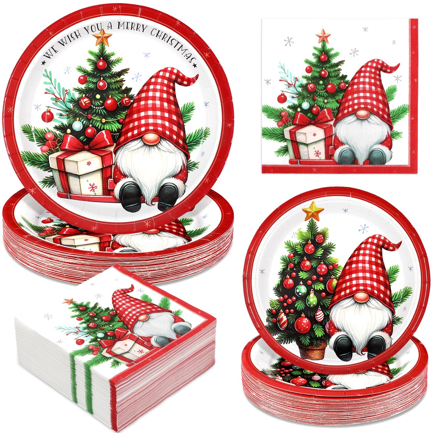 Homlouue 200 PCS Christmas Paper Plates and Napkins Sets, Xmas Tree Gnome Plates and Napkins Disposable, Merry Christmas Disposable Dinnerware Sets, Winter Xmas Party Supplies Decoration, Serve 50
