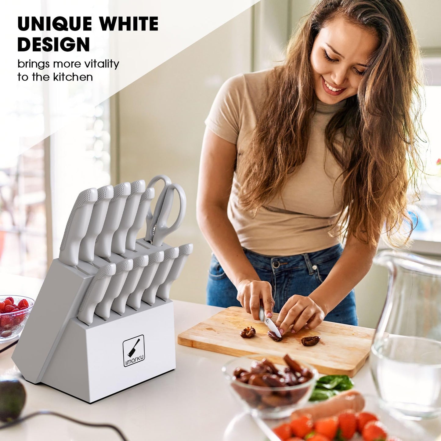 imarku Knife Set with Block, Sharp Knives Set with Built-in Sharpener, 14 PCS Japanese Stainless Steel Kitchen Knife Set, Dishwasher Safe, White, Ideal Home Cooking Gift for Mom