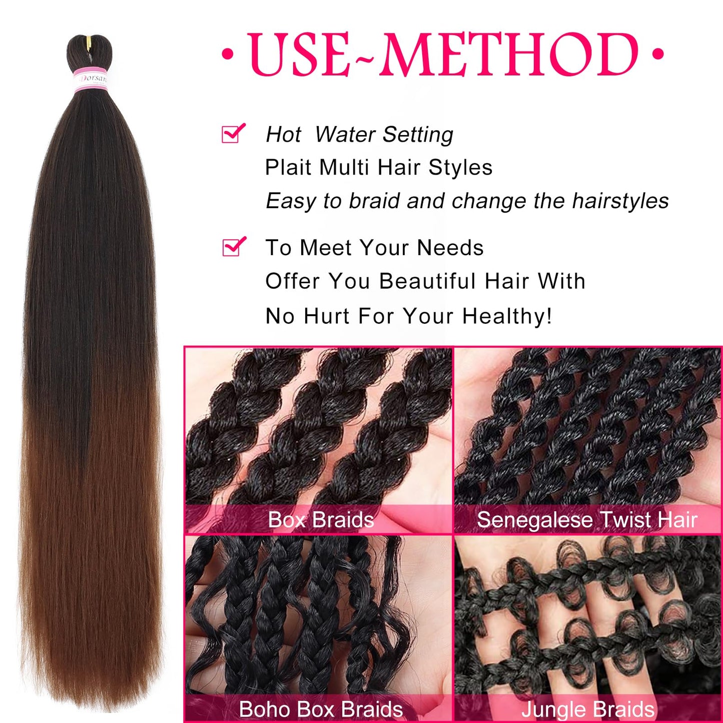 Dorsanee Braiding Hair Pre Stretched 26 Inch 8 Packs Ombre Brown Braiding Hair Extensions for Crochet Box Braids Twists Locs Hair Soft Yaki Texture Hot Water Setting (26inch,#1B/30)