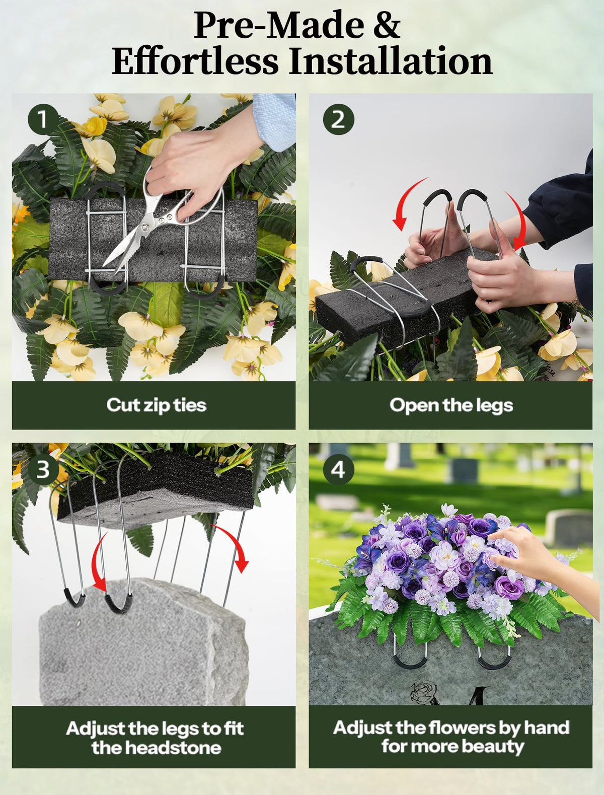 Memobloom Cemetery Flower Saddles for Headstones: Purple Flowers Artificial Outdoors Grave Decorations Spring Easter Memorial Day - Fake Rose Camellia Tombstone Flowers Saddle for Cemetery Gravestone