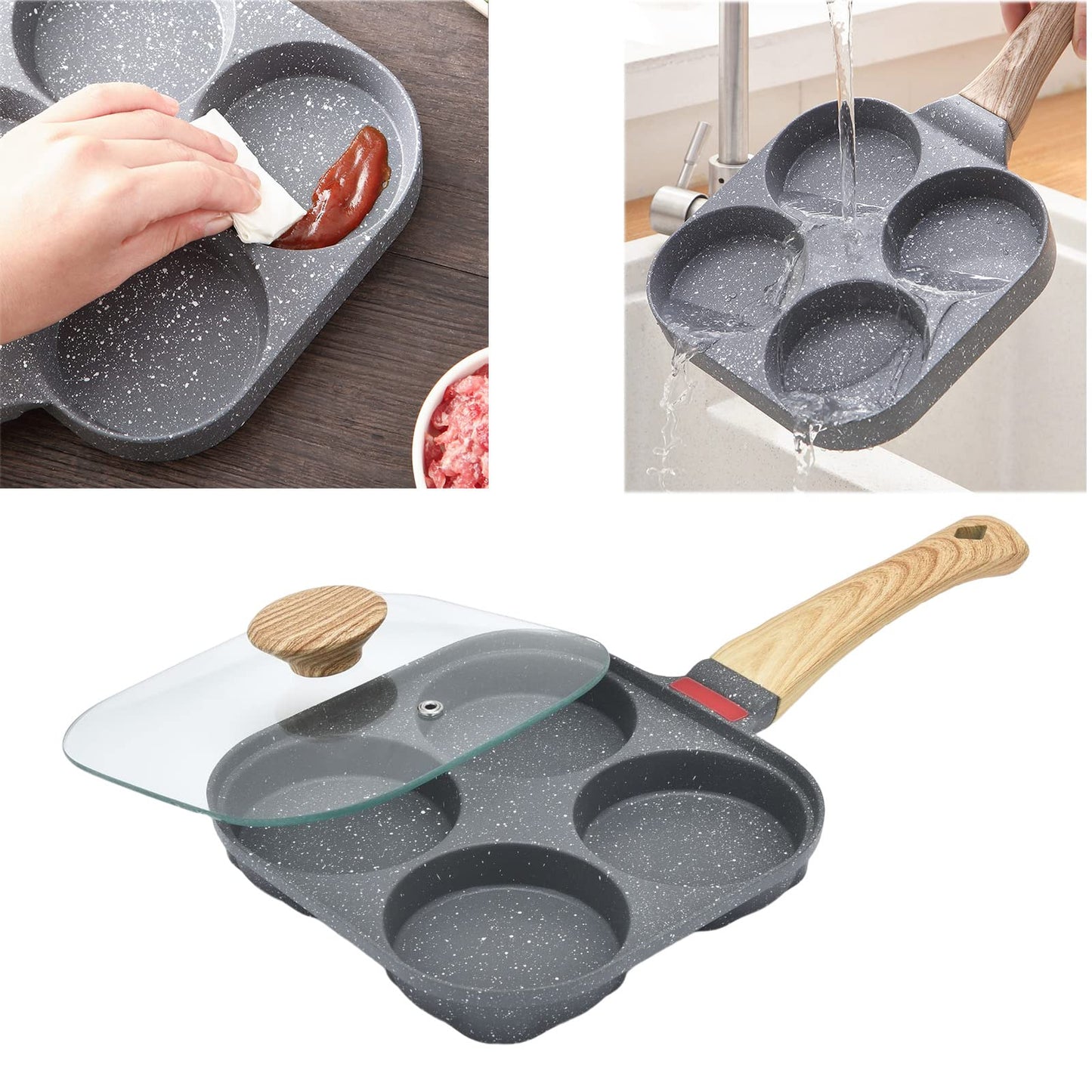 Egg Pan With Lid - 4 Cup Pancake Pan Nonstick Frying Pan Aluminium Alloy Skillet Divided Breakfast Cooker, Suitable for Gas Stove & Induction Cookware