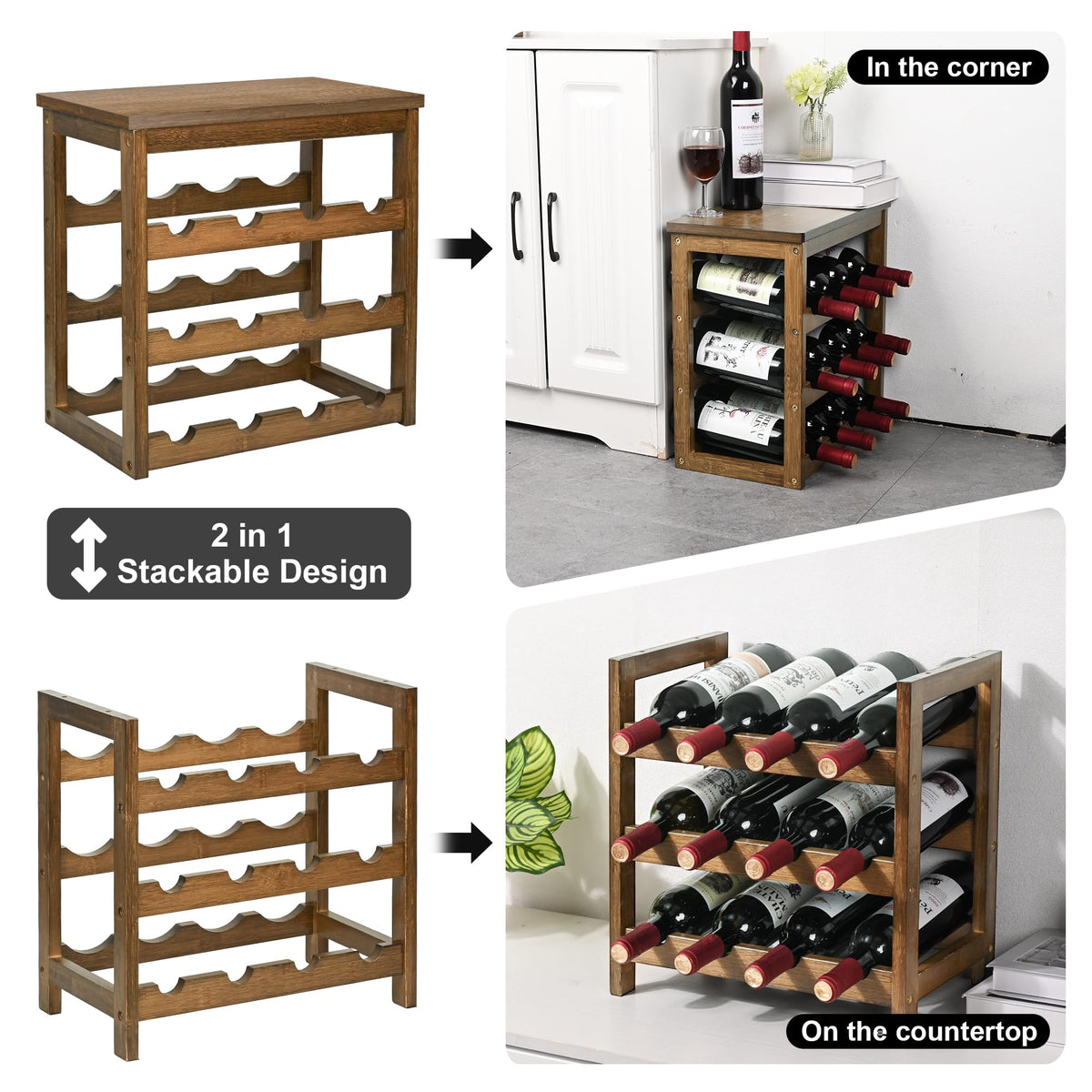 VASMIA Wine Rack Freestanding Floor, 6-Tier Display Wine Storage Shelves with Table Top, 24-Botttle Bamboo Wine Rack Shelf for Kitchen Bar Dining Room Living Room, Walnut