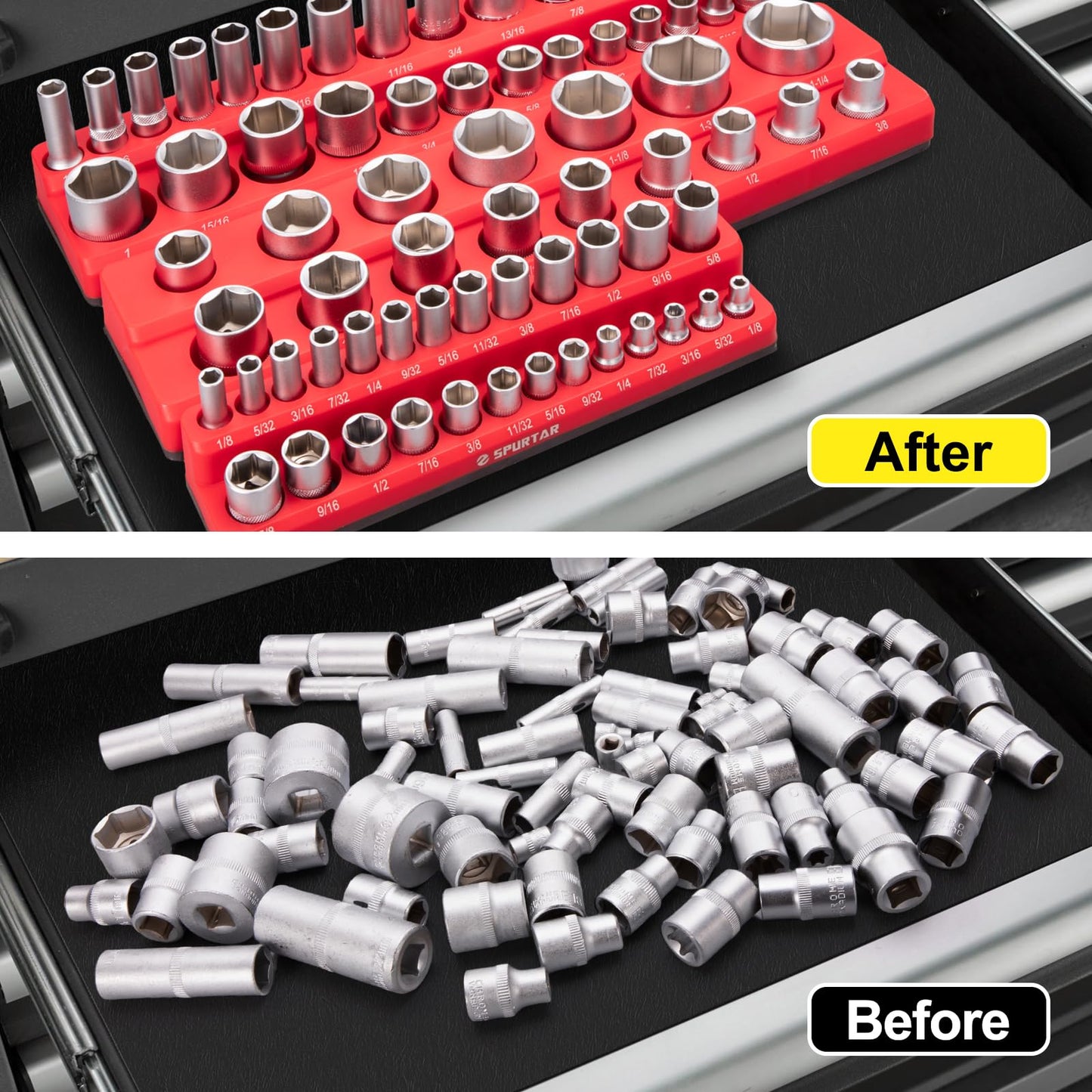 Spurtar Magnetic Socket Organizer 6 Pcs, Metric SAE Magnetic Socket Holder Includes 1/4-Inch, 3/8-Inch, 1/2-Inch Drive Metric SAE Trays, Holds 143 Standard Size and Deep Size (Sockets Not Included)