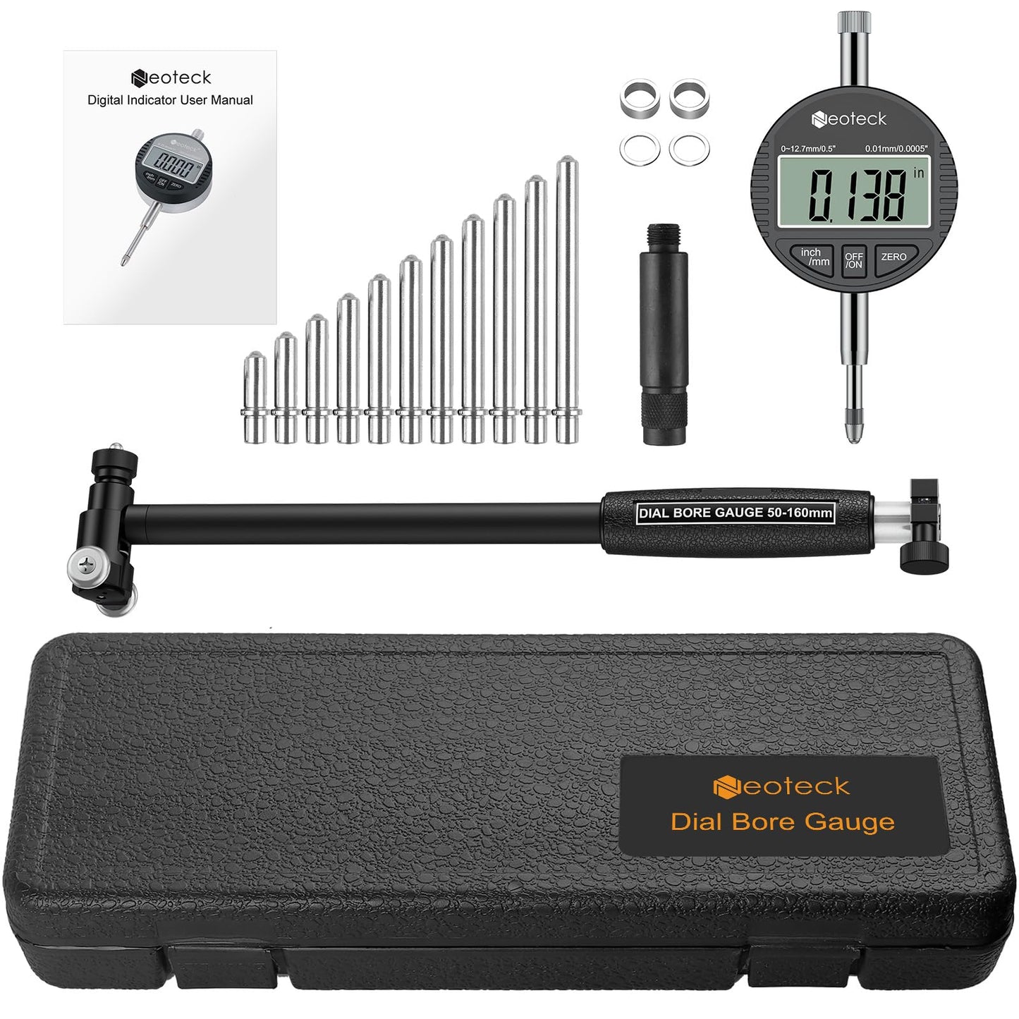 Neoteck Bore Gauge Set Digital Indicator Dial Bore Gauge 2"-6"/0.0005" with Self-Centering Dial Carbide Anvils, Insulated Grips for Deep Engine Cylinder Measurement-Black