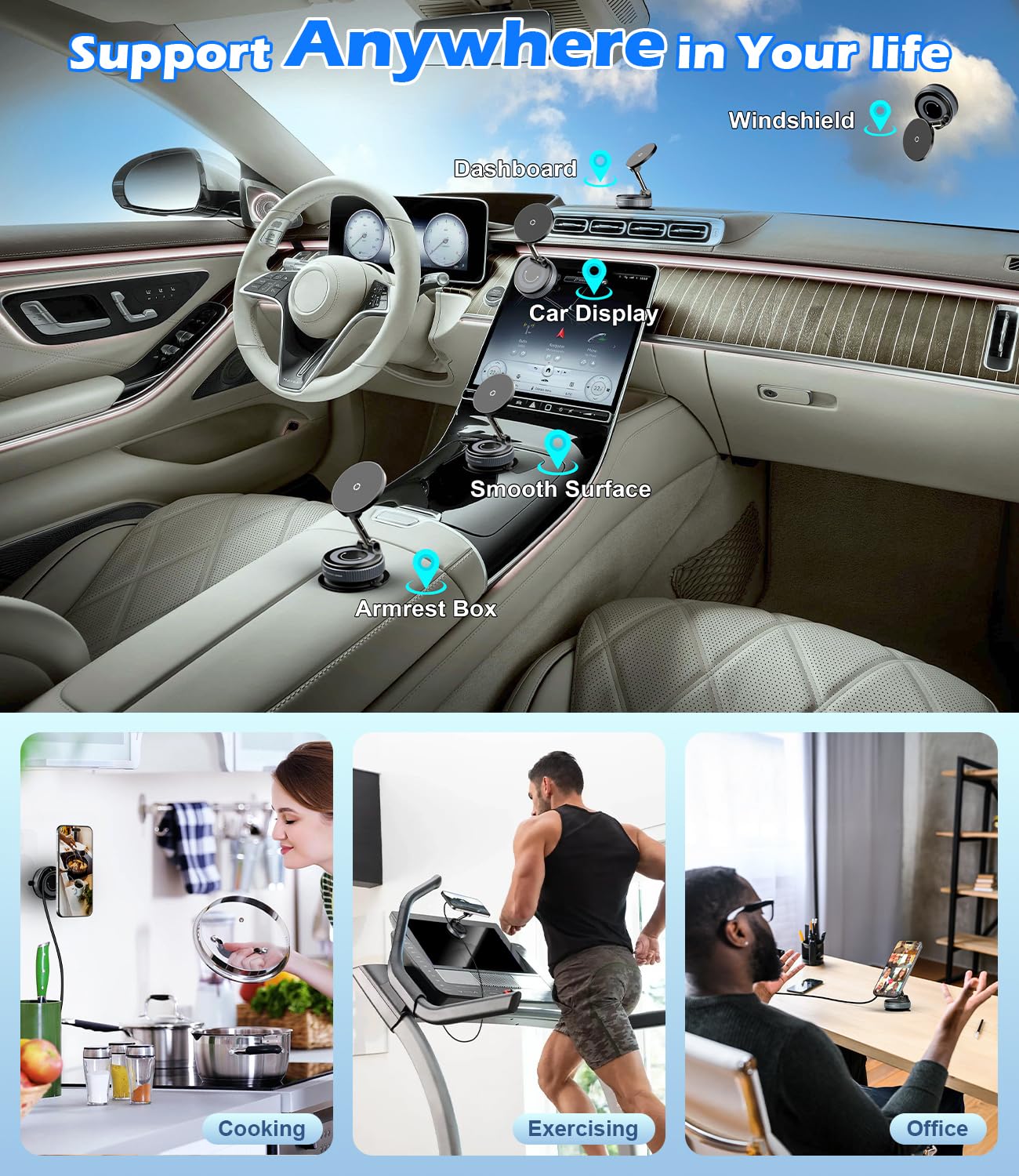 ALAFLY 15W Fast Charger Car Phone Holder Mount, Wireless Magnetic Holder with Strong Vacuum Suction, 360° Adjustable Foldable Car Mount with MagSafe for Dashboard/Windshield for iPhone 17/16/15/14/13
