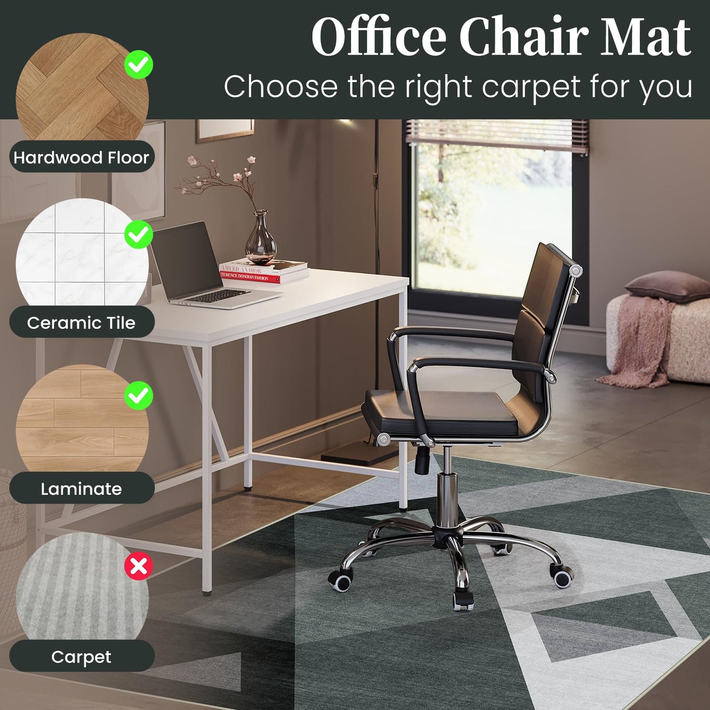 Office Chair Mat for Hardwood Floor & Tile Floor, 48"X 60" Heavy Duty Desk Chair Mat for Hard Floors, Under Desk Rug for Rolling Computer Chair,Anti Slip,Low Pile Carpet Protector-Triangle