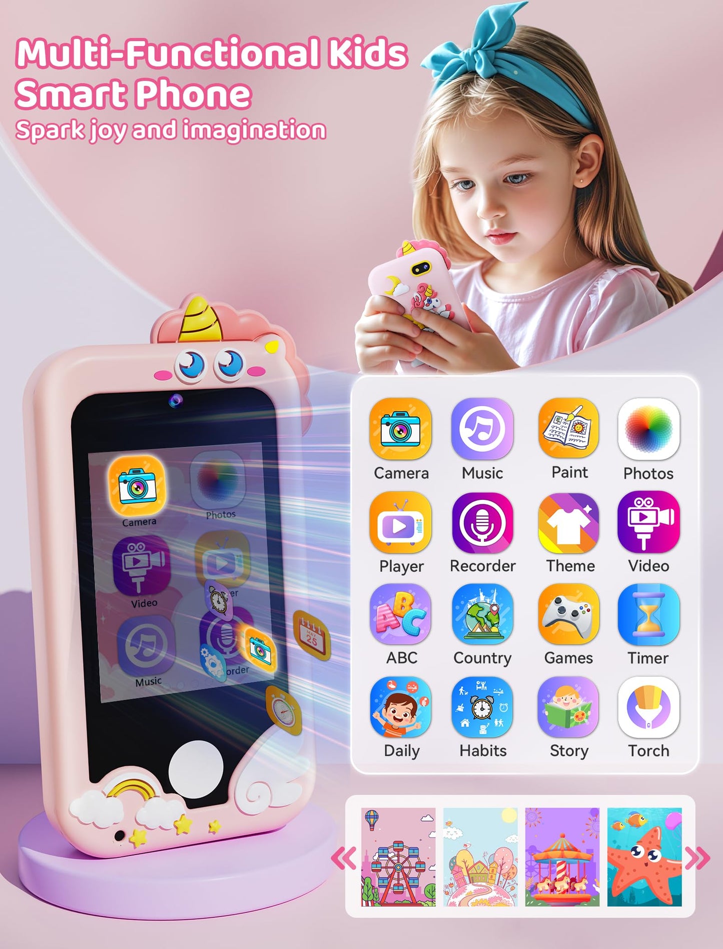 Kikidex Kids Smart Phone for Girls, Perfect Christmas Birthday Gifts for 3-8 Year Old Kids, Touchscreen Learning Play Toy Smartphone with Dual Camera, Puzzle Game, Music Player (Pink)