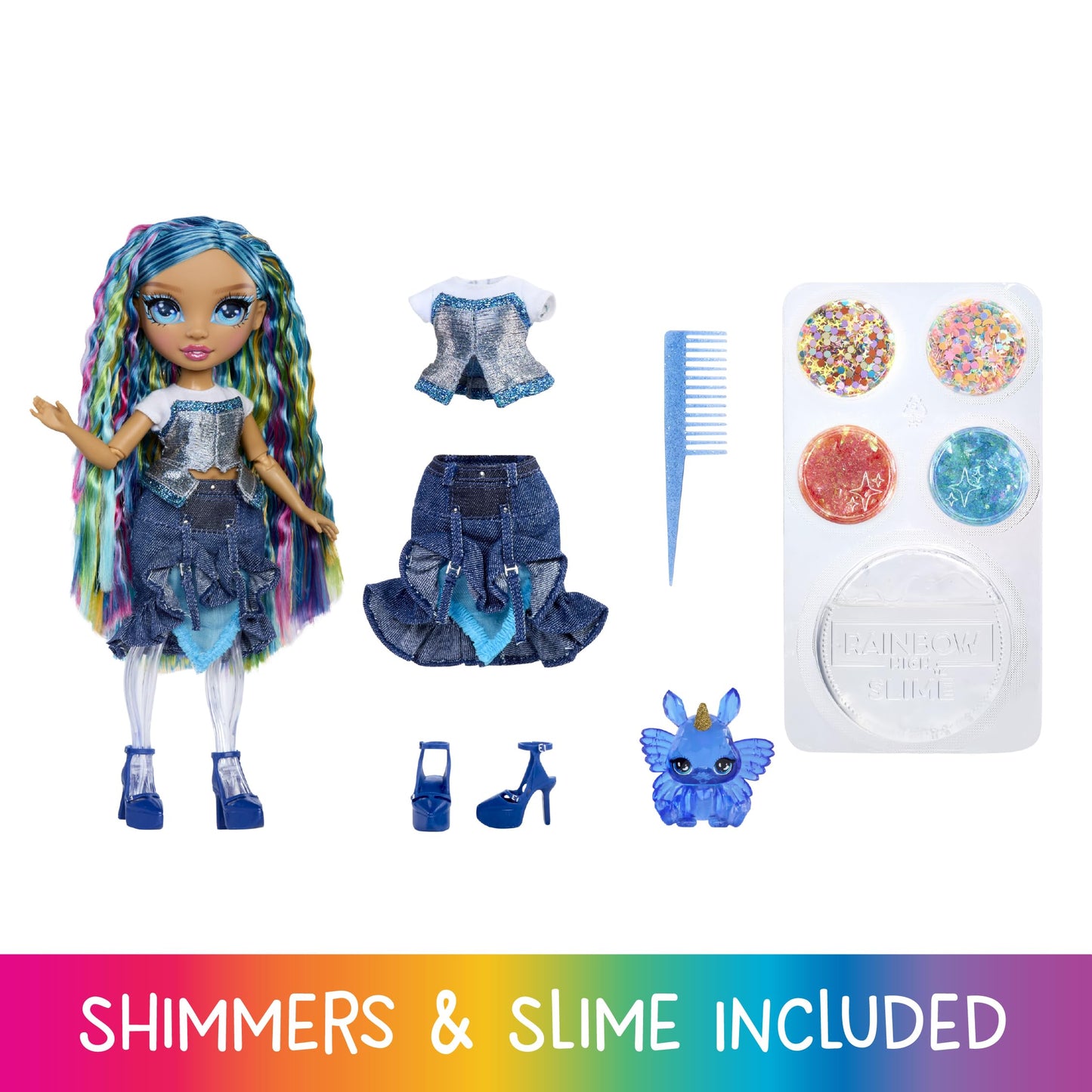 Rainbow High Rainbow Shimmers with Slime – Skyler, Blue 11” Fashion Doll, Create a Rainbow Doll, Slime Kit, Pet Bunny, Kids Gift 4+