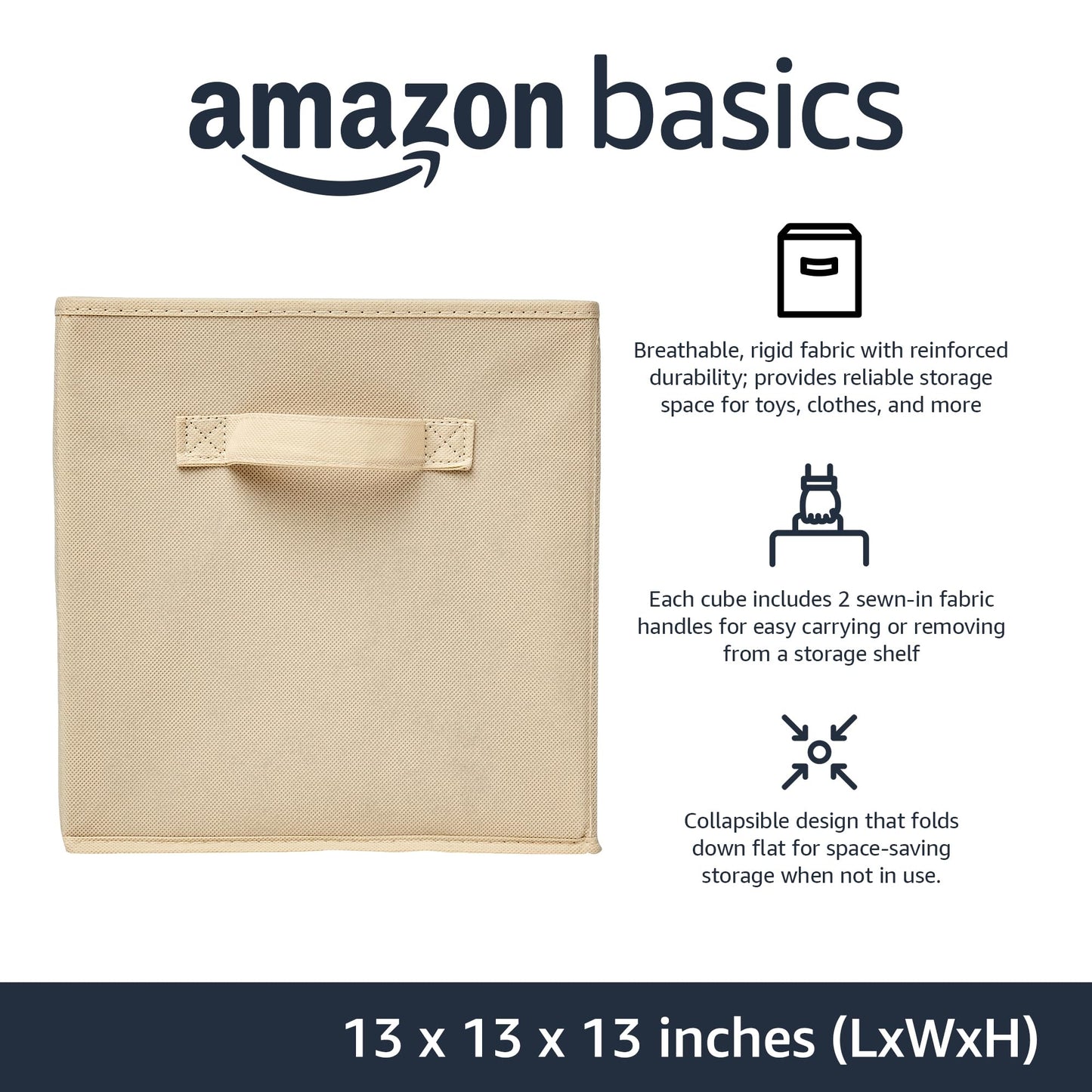Amazon Basics Cube Organizer Storage Bins Handles, Collapsible Fabric, Pack of 6, 33.02 cm x 33.02 cm x 33.02 cm, Beige
