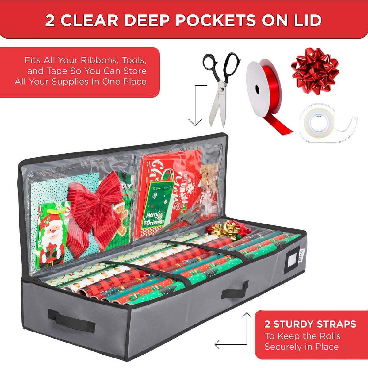 Wrapping Paper Storage Container - Fits up to 27 Rolls 1 3/8” Diam. - Underbed Gift Wrap Organizer Bags, Wrapping Paper Rolls, Ribbon, and Bows - Under Bed- Durable Material 600D - Up to 40” Rolls