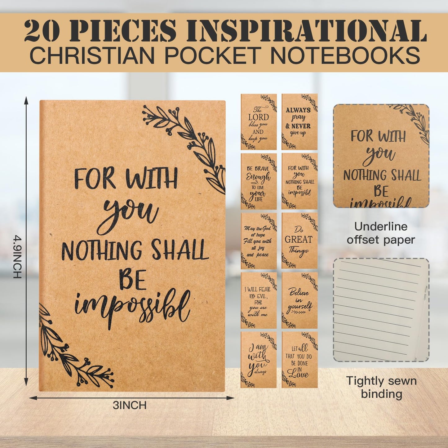 Yeaqee 80 Pcs Christian Gifts Retractable Bamboo Pen Bible Verse Inspirational Notebook Keychain Organza Bags for Women Men Gifts