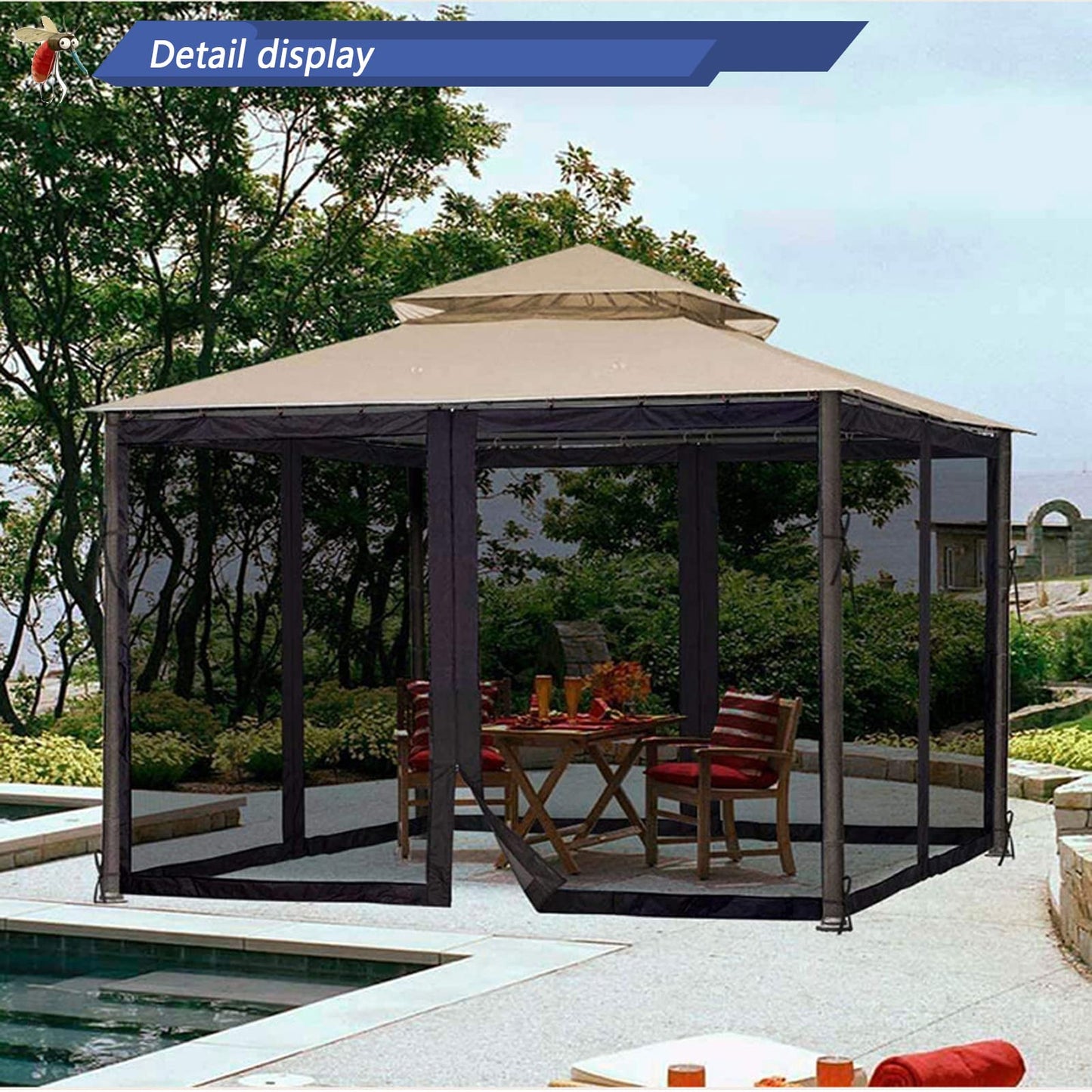 10x10 Gazebo Replacement Mosquito Netting, 4-Panel Sidewall Screen with Zipper Universal Black (10'x10')