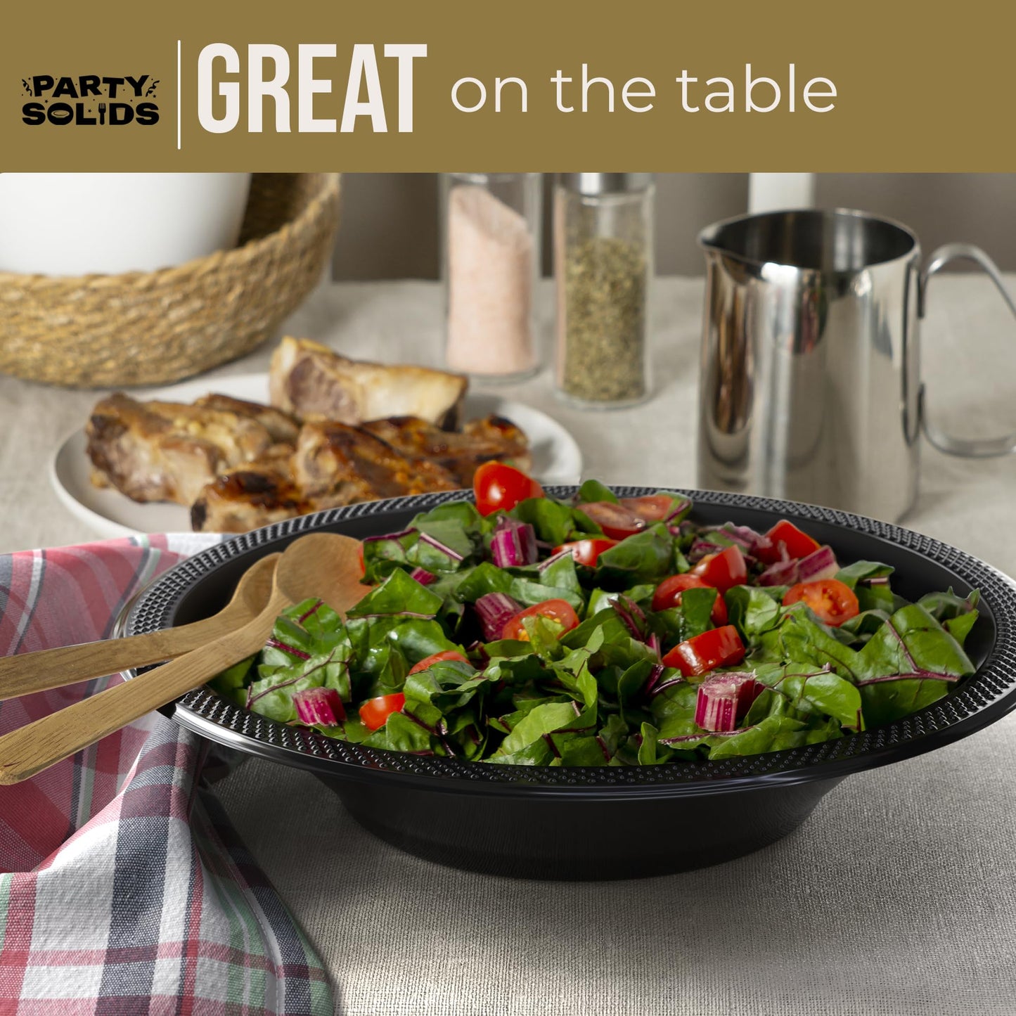 Party Solids 12 Oz Black Plastic Bowls Disposable Bowls for Hot Food Soup 50 Pcs - For Soup, Salad, Cereal, Desserts & Party Supplies