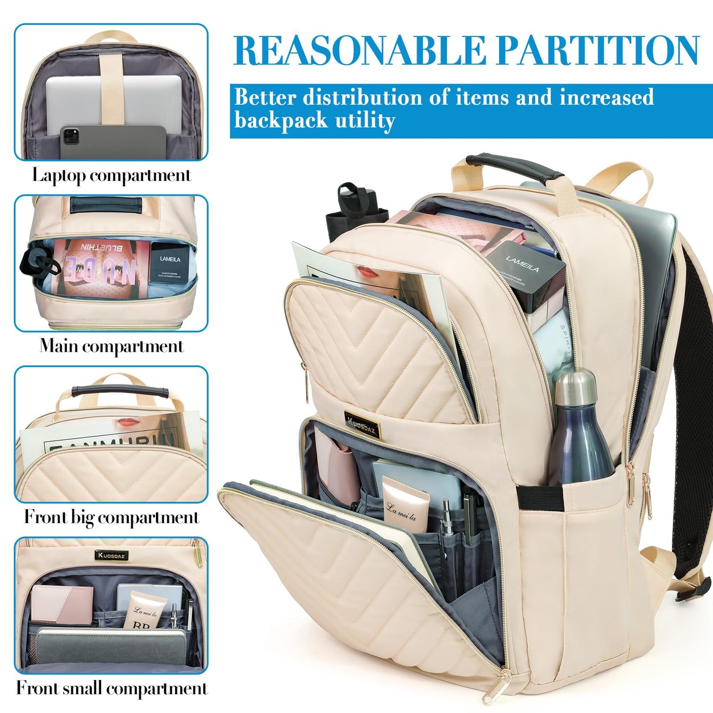 Travel Laptop Backpack for Women, School Backpack for Girls, 15.6 Inch Quilted Work Backpack Purse with USB Charging Port, Large Anti-theft Teacher Student Book Bags, Casual Daypacks, Beige