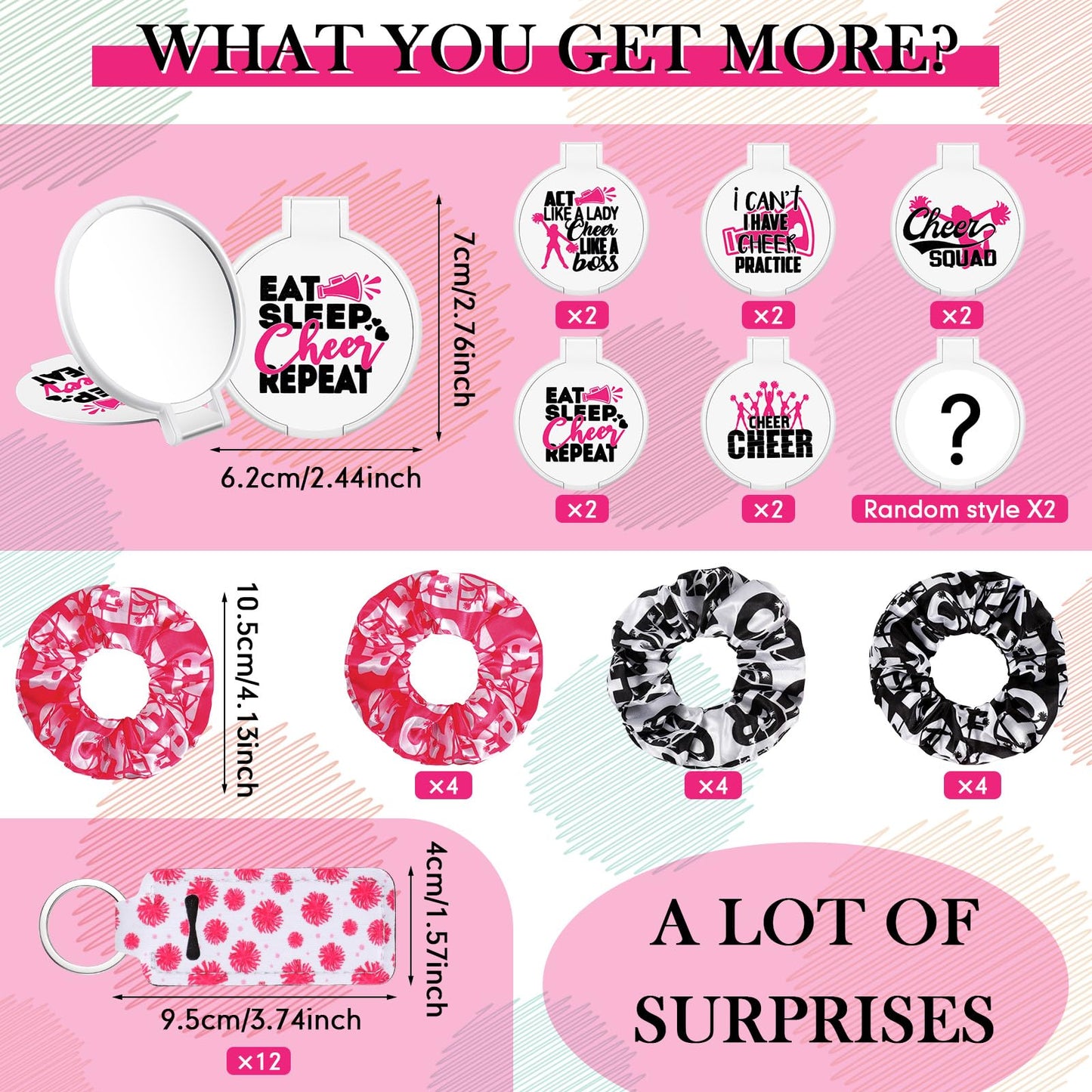 48 Pcs Cheer Gifts Kit 12pcs Canvas Makeup Cheer Bags for Cheerleaders 12pcs Cheer Scrunchies Bulk 12pcs Cheerleading Makeup Mirror 12pcs Lipstick Lip Balm Holder Keychain for Cheerleader Girls