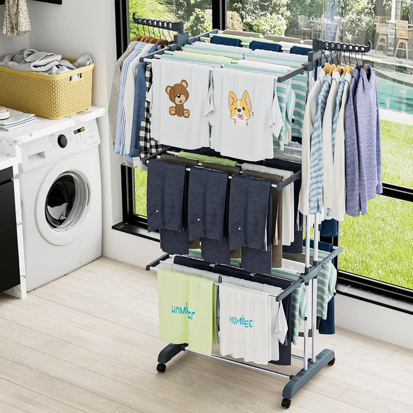 NEWBUY Clothes Drying Rack 4-Tier Foldable Laundry Drying Rack Rolling Clothing Hanger Stainless Steel for Indoor Outdoor Use Space-Saving (Grey)
