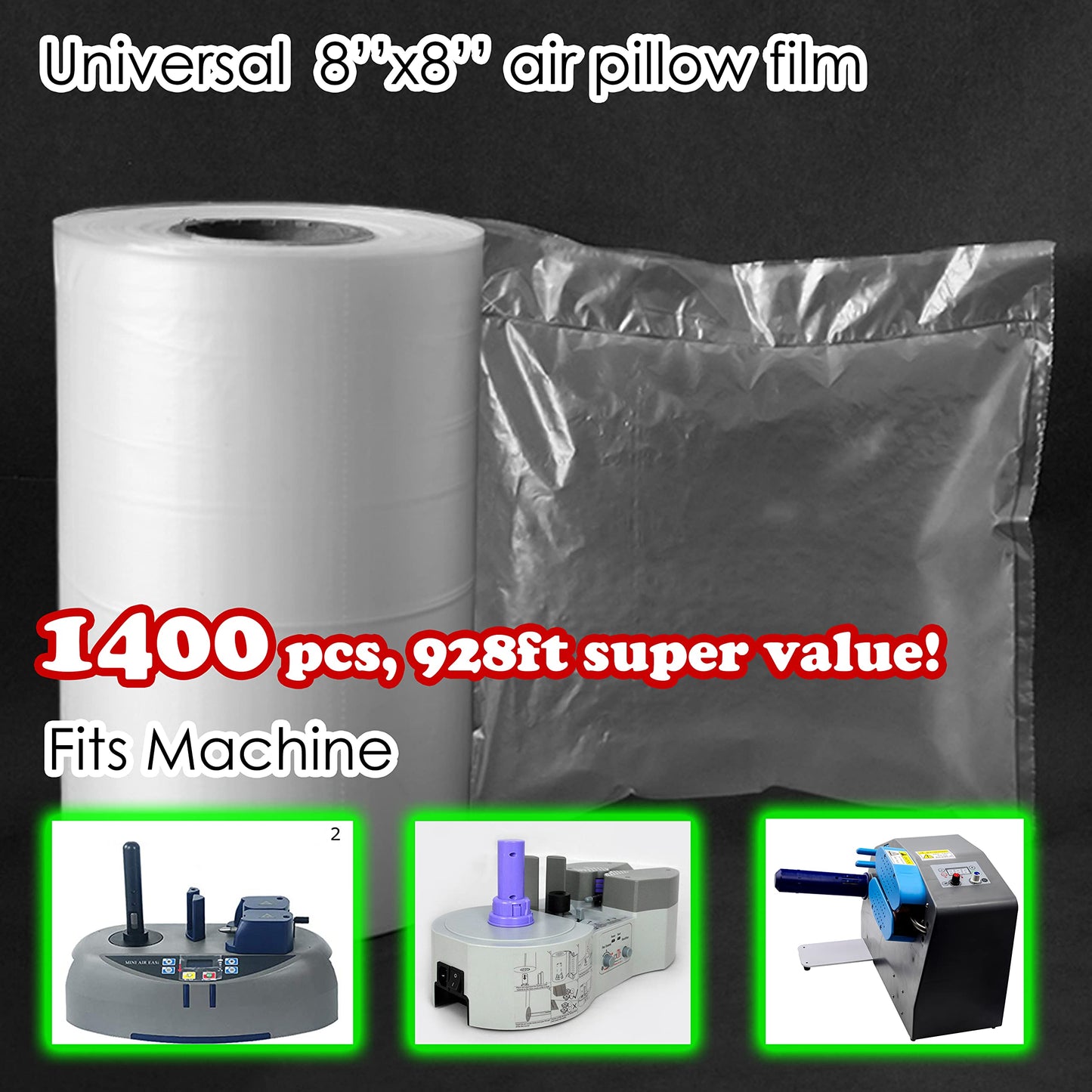 LDS Industry 1 Roll 1400 Pcs 8"x8" 918ft Air Pillow Film for Air Pillow Machine, Clear Plastic Bubble Wrap, Packing Material