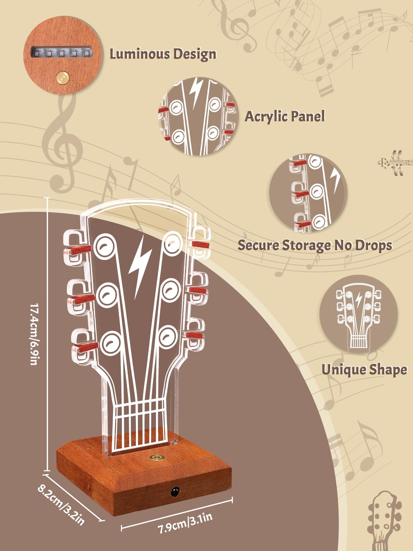 CoolGift Mart Light Up Guitar Pick Holder, Acrylic Wooden Guitar Headstock Shaped Pick Holder with 16 Color Lights for Picks Storage and Display, Gift for Guitarists