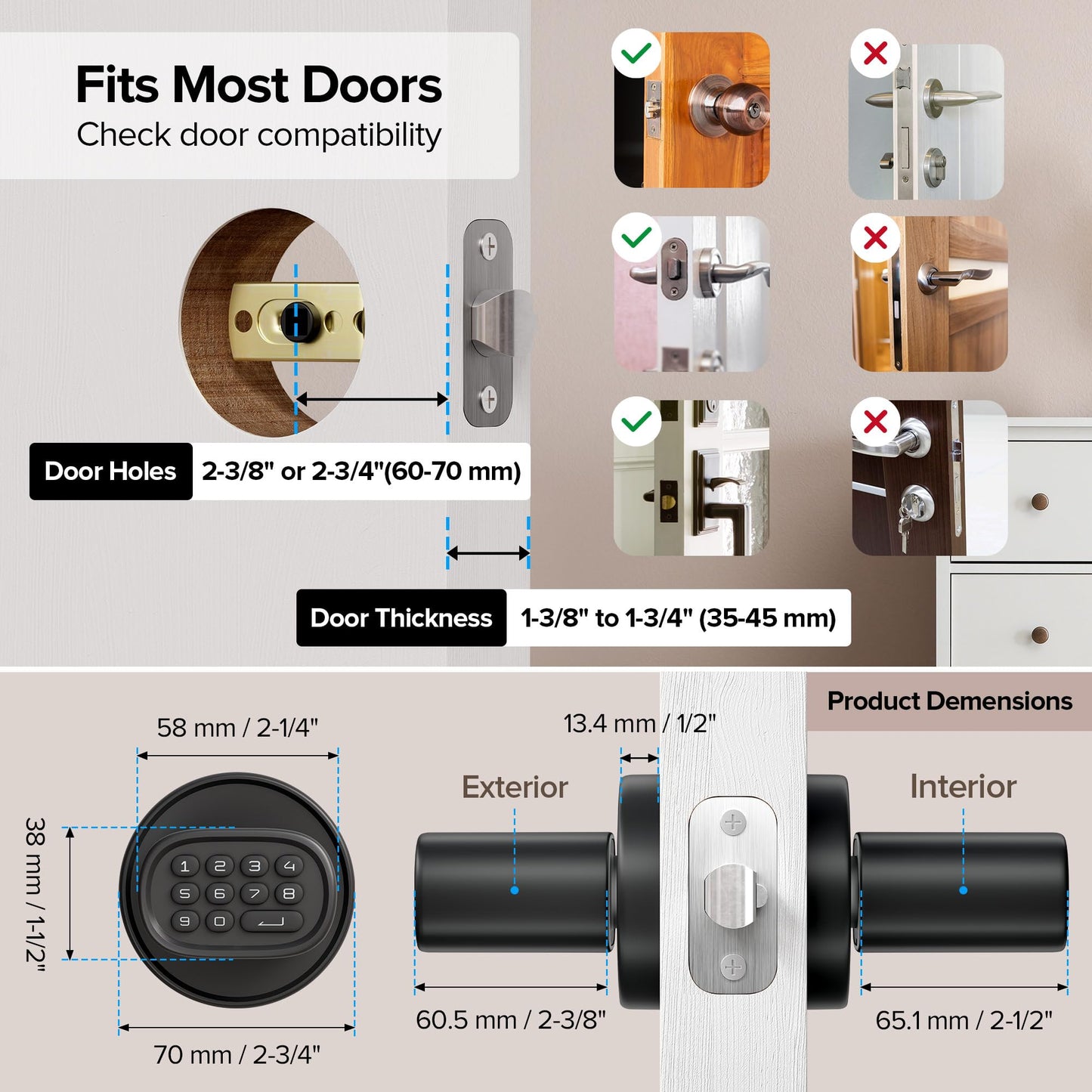 ThorBolt Door Lock Knob with Keypad Keyless Entry Door Knob Electric Coded Indoor Door Knob for Interior Doors Thickness up to 2-1/4", Bedroom, Home Office, Garage, 4xAA Alkaline Battery, M1 Black