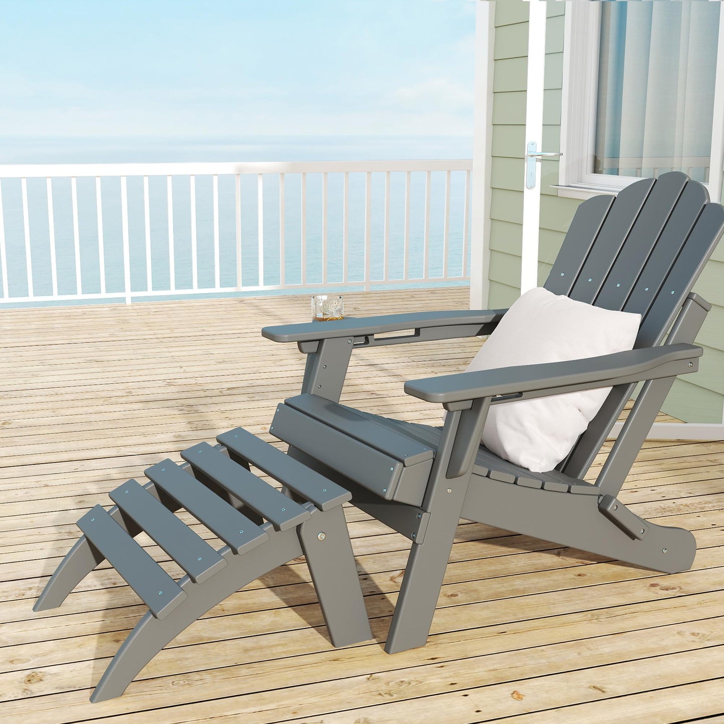 SOINMTY Folding Adirondack Ottoman, HDPE All Weather Adirondack Chair Footrest, Plastic Footstool for Adirondack Chairs, Wide Use in Backyard, Garden, Lawn, Porch, Poolside. Grey